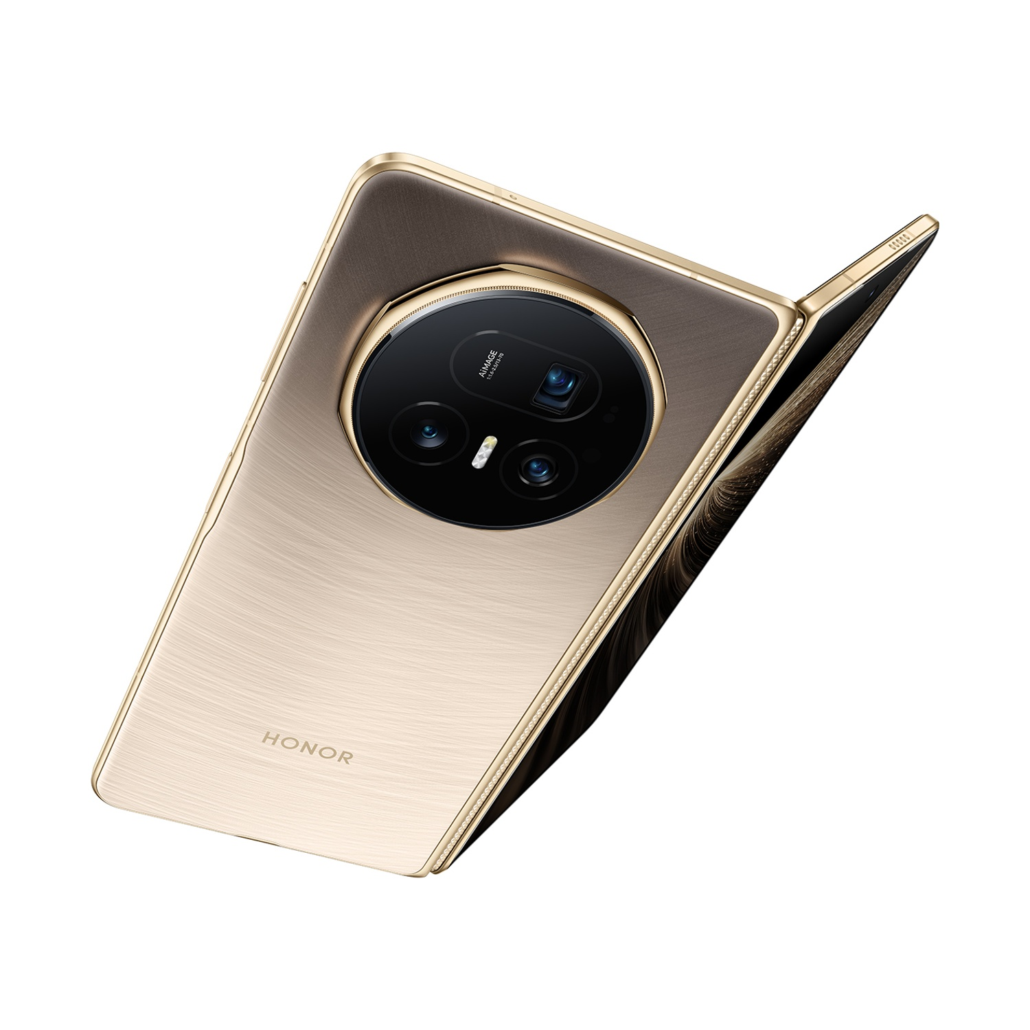 Uno smartphone HONOR dorato è leggermente aperto. Presenta un ampio modulo fotocamera sul retro e il marchio è visibile.
