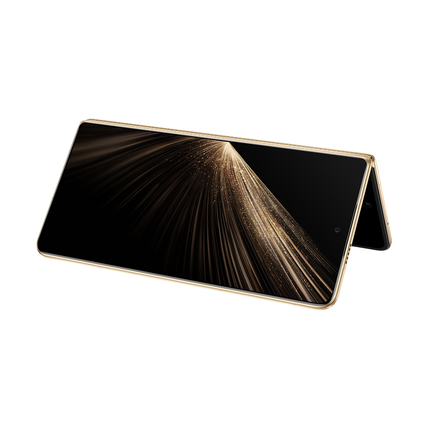 Smartphone pieghevole, cornice dorata, schermo nero, parzialmente aperto, con design a scoppio di luce.