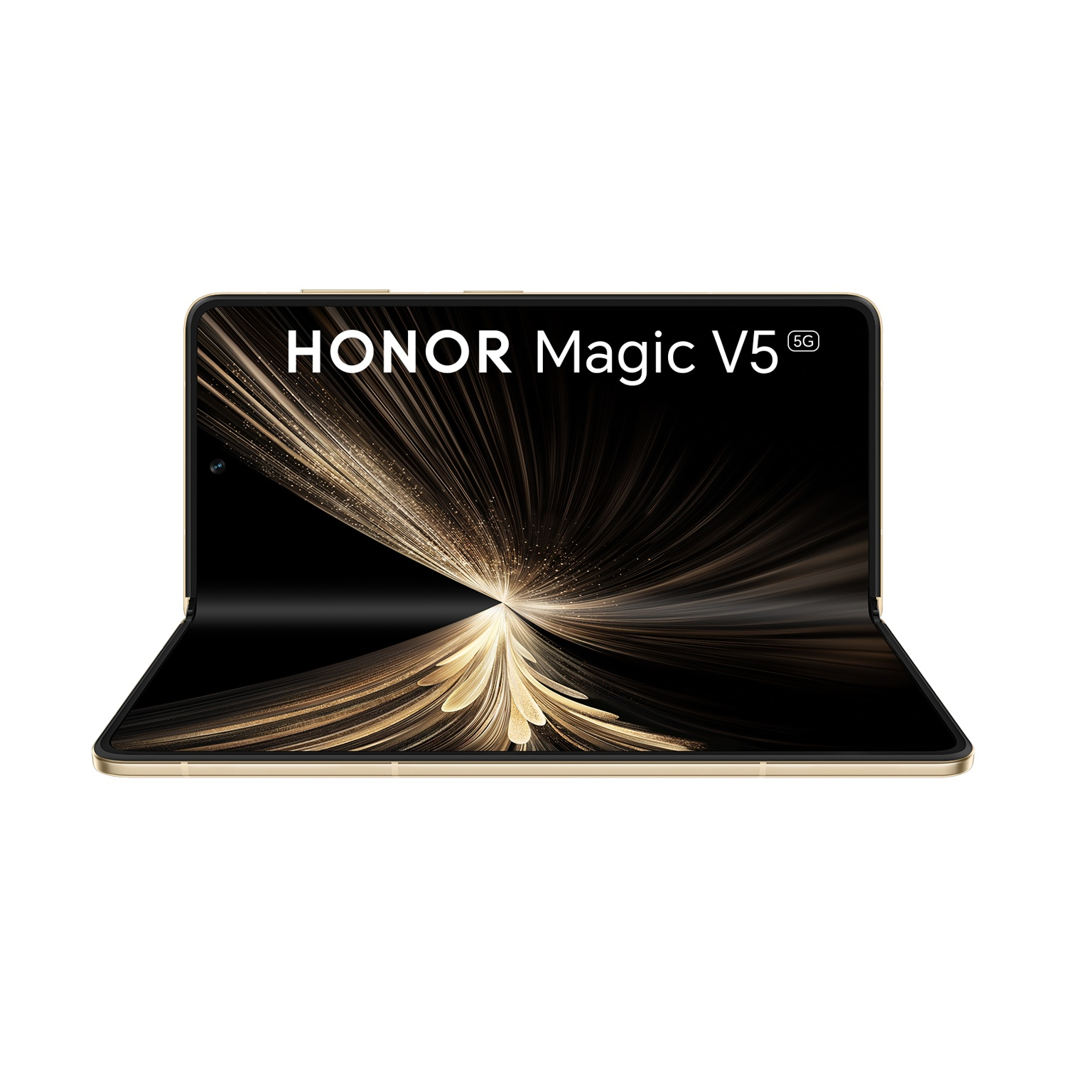 Telefono pieghevole HONOR Magic V5 5G con schermo nero che mostra un design astratto dorato, cornice dorata e sfondo bianco.