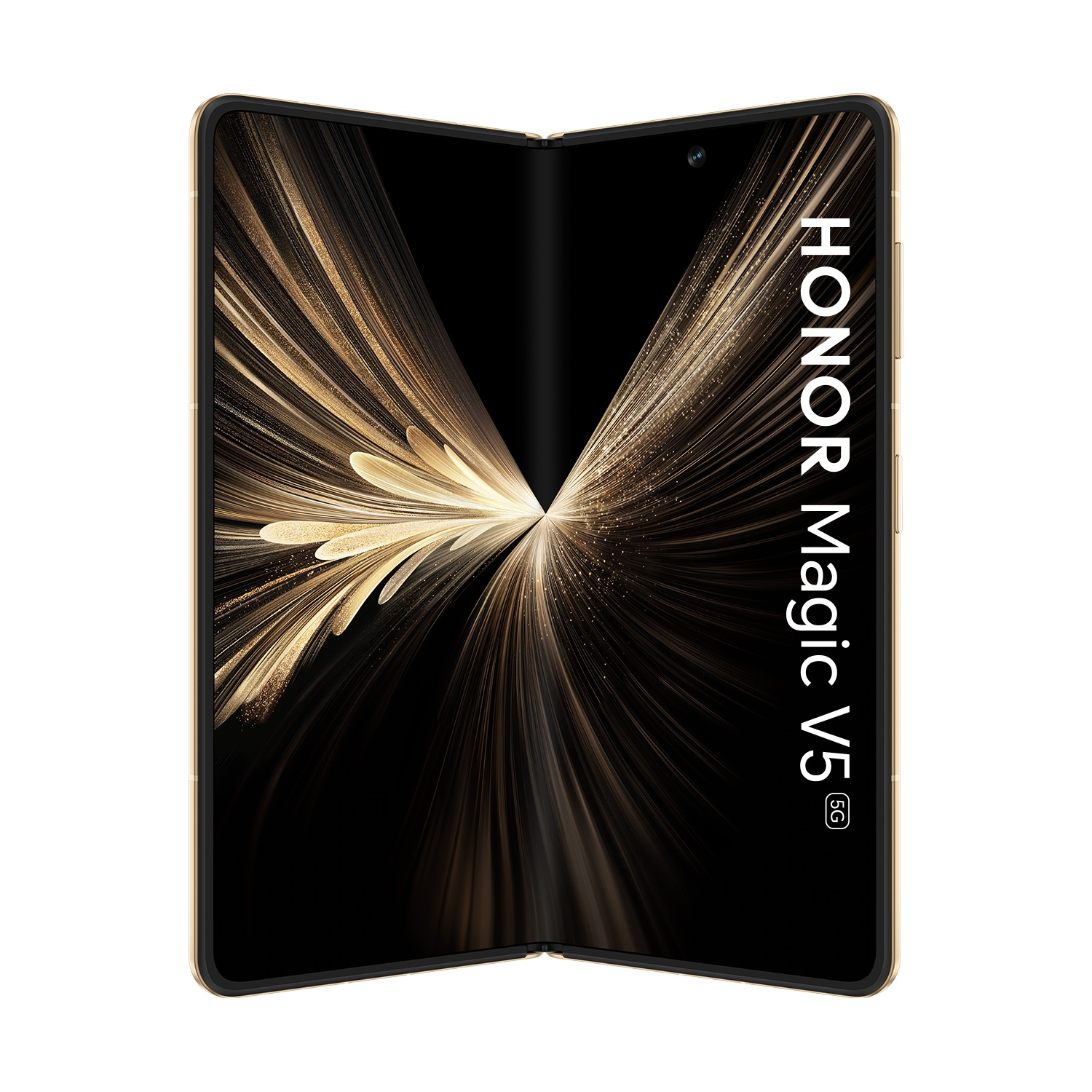 Telefono pieghevole Honor Magic V5 5G, cornice dorata, schermo nero con effetto luce dorata. Nome visibile.