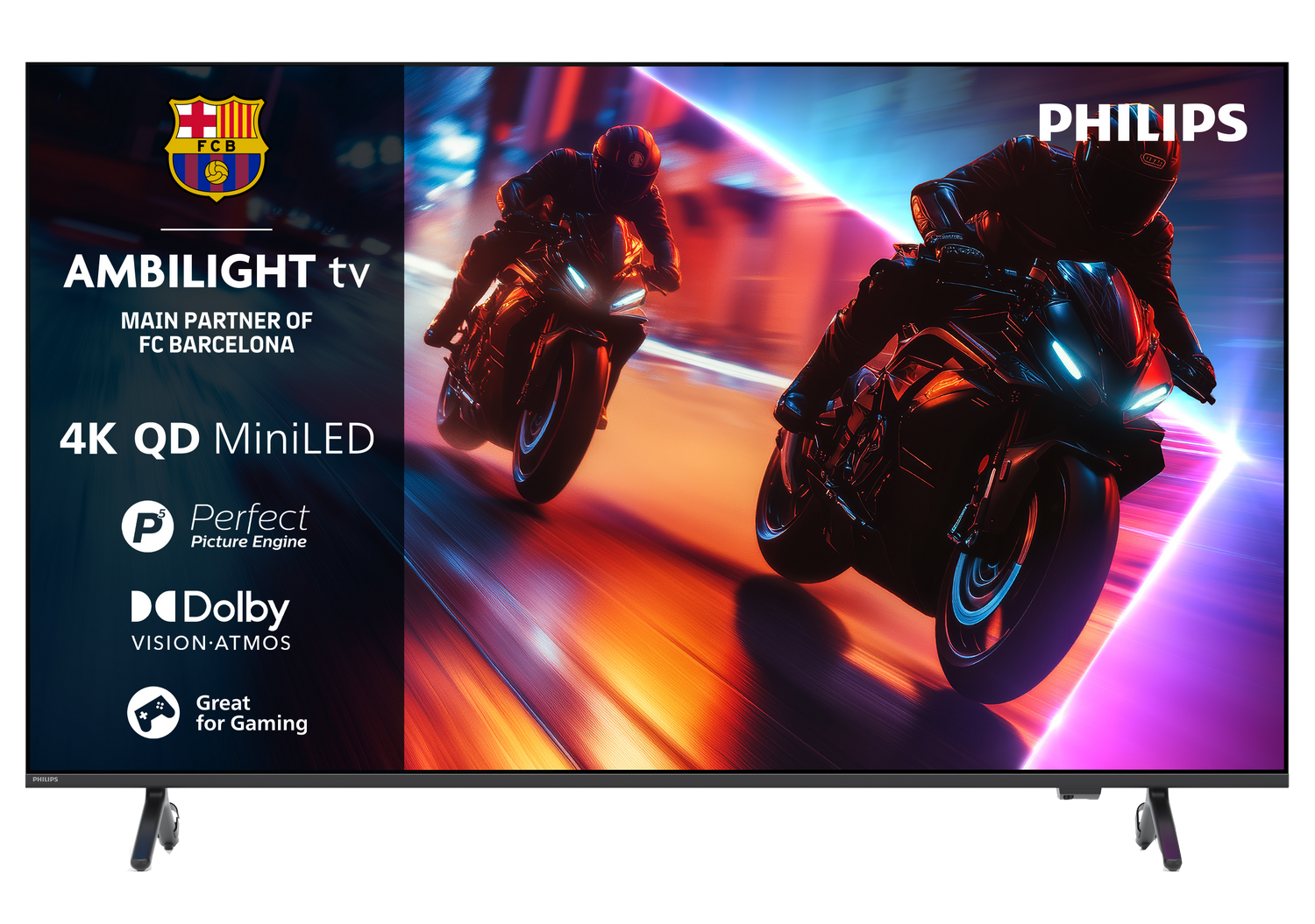 Un televisor Philips muestra dos motocicletas corriendo en una pista colorida. Logos de FC Barcelona, Dolby y juegos.