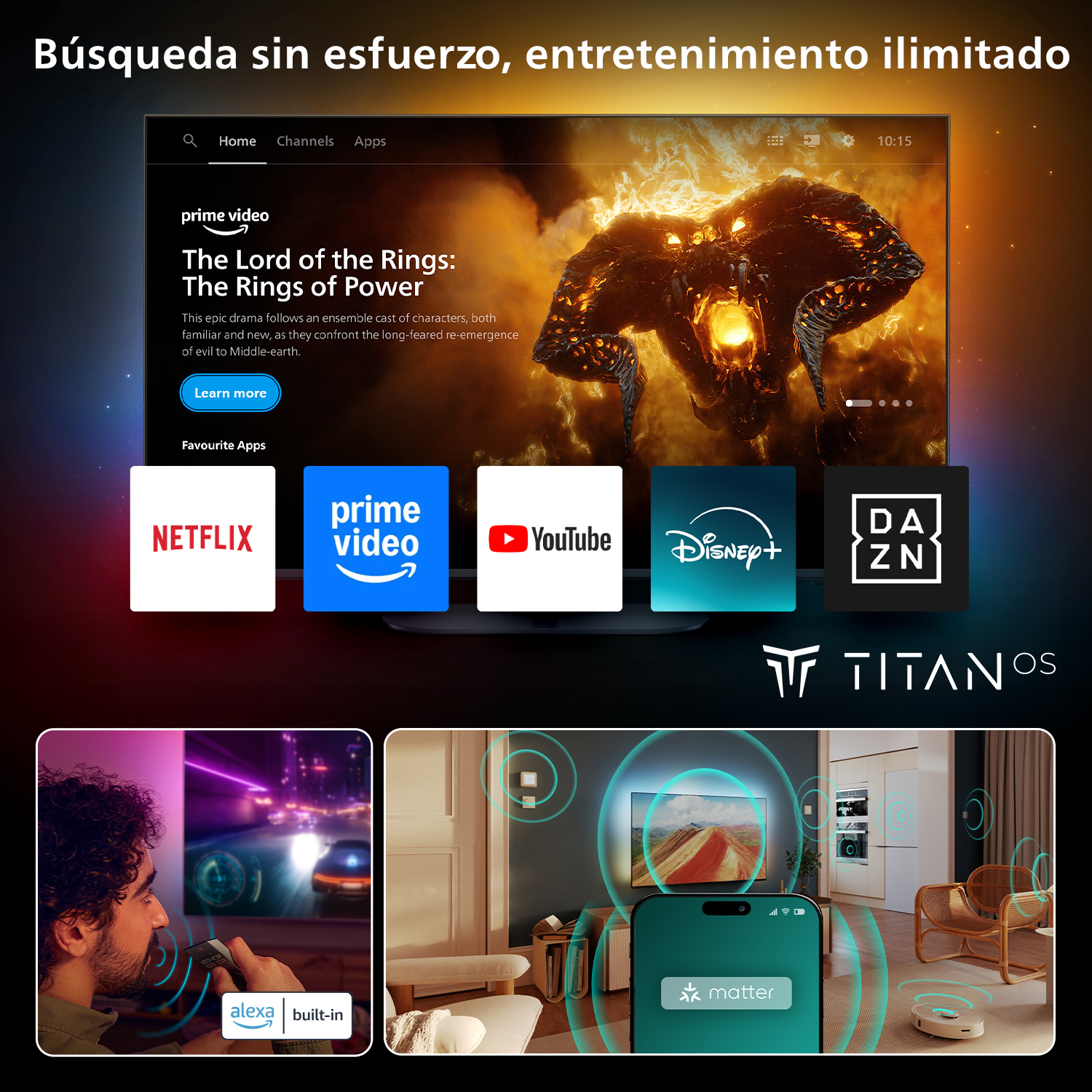 Pantalla de TV con aplicaciones Prime Video, Netflix, YouTube, Disney+ y DAZN. Debajo, un hombre con mando y smartphone.