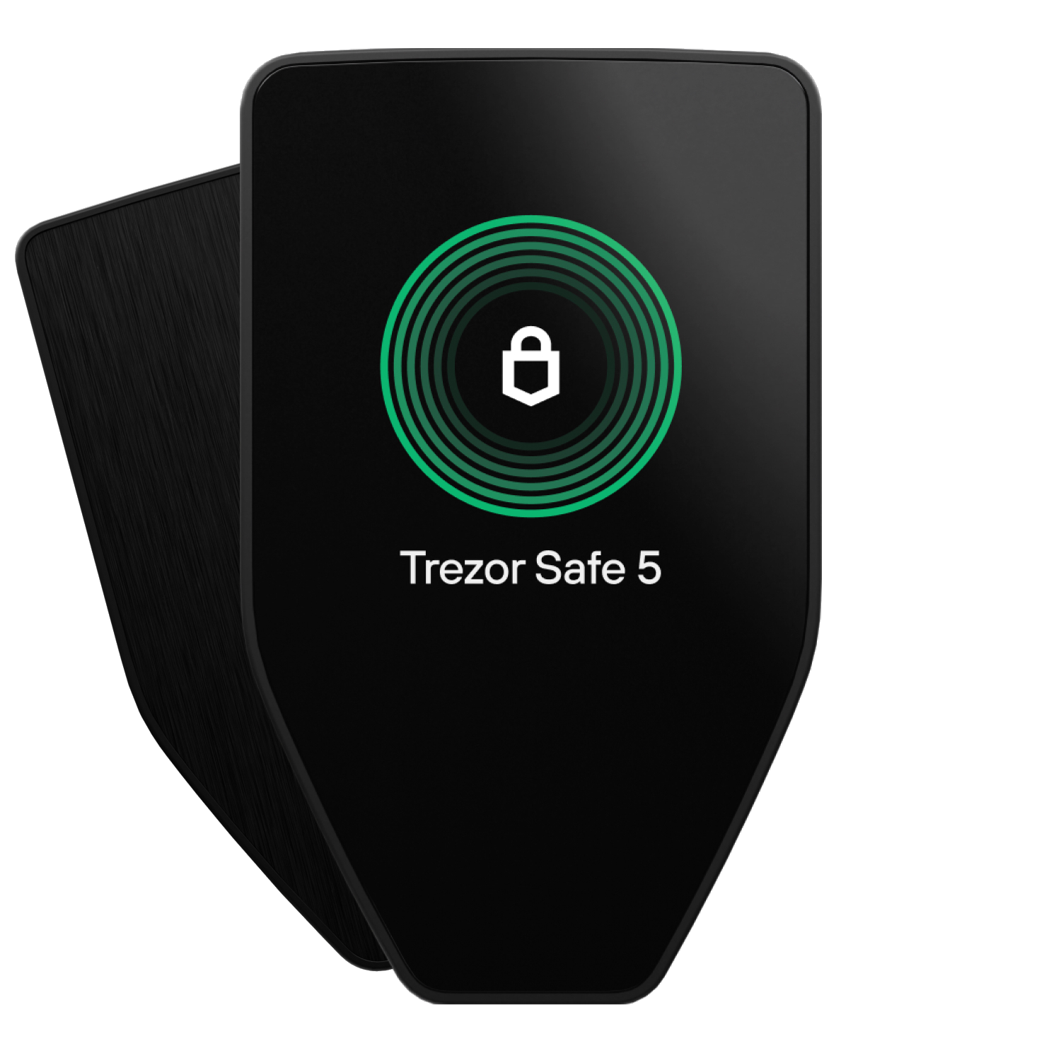 Czarne urządzenie Trezor Safe 5. Ma zielone koło z ikoną kłódki i napisem 'Trezor Safe 5'.