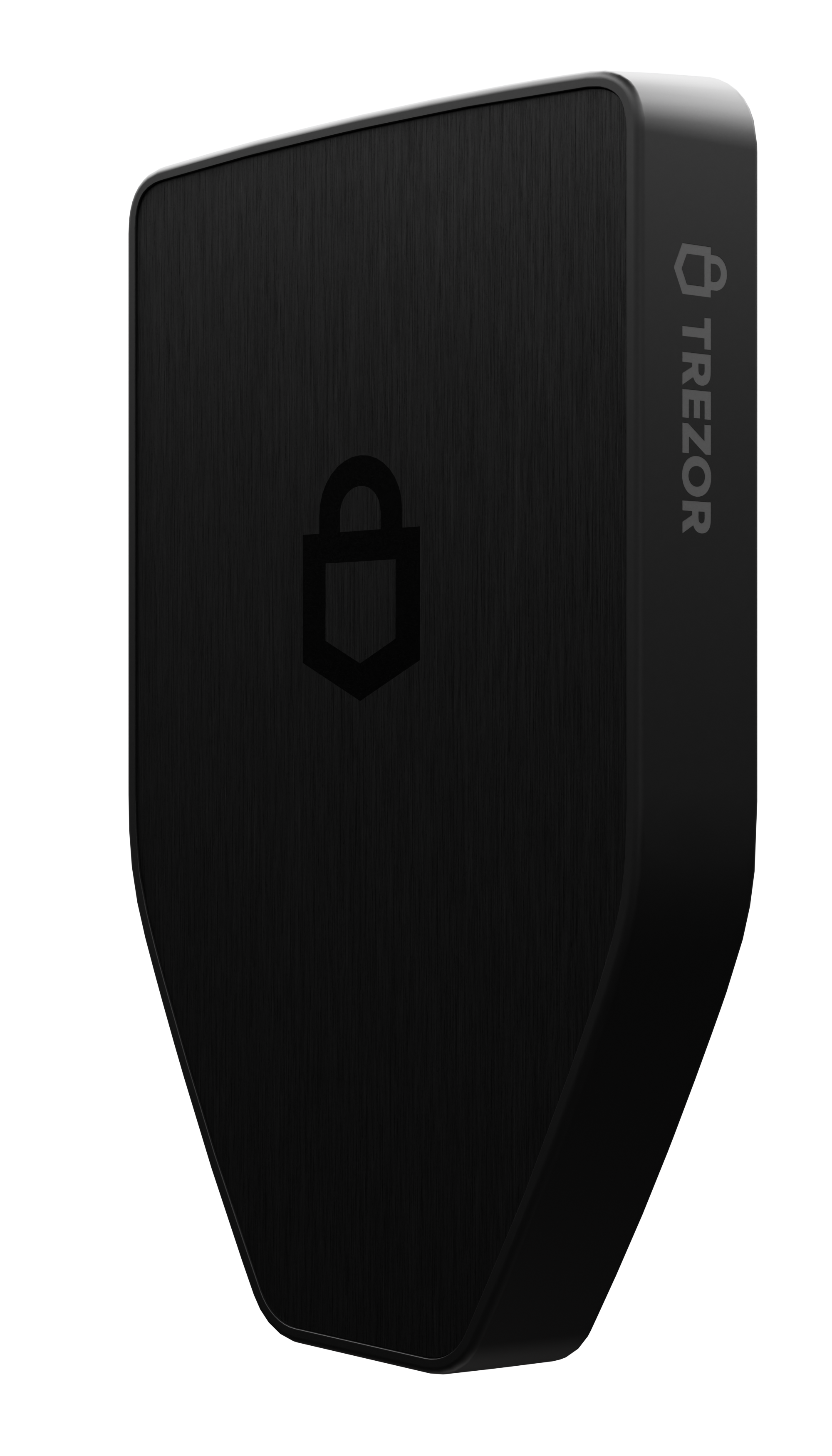 Czarne urządzenie Trezor z ikoną zamka z przodu. Logo Trezor znajduje się po prawej stronie. Tło jest czarne.