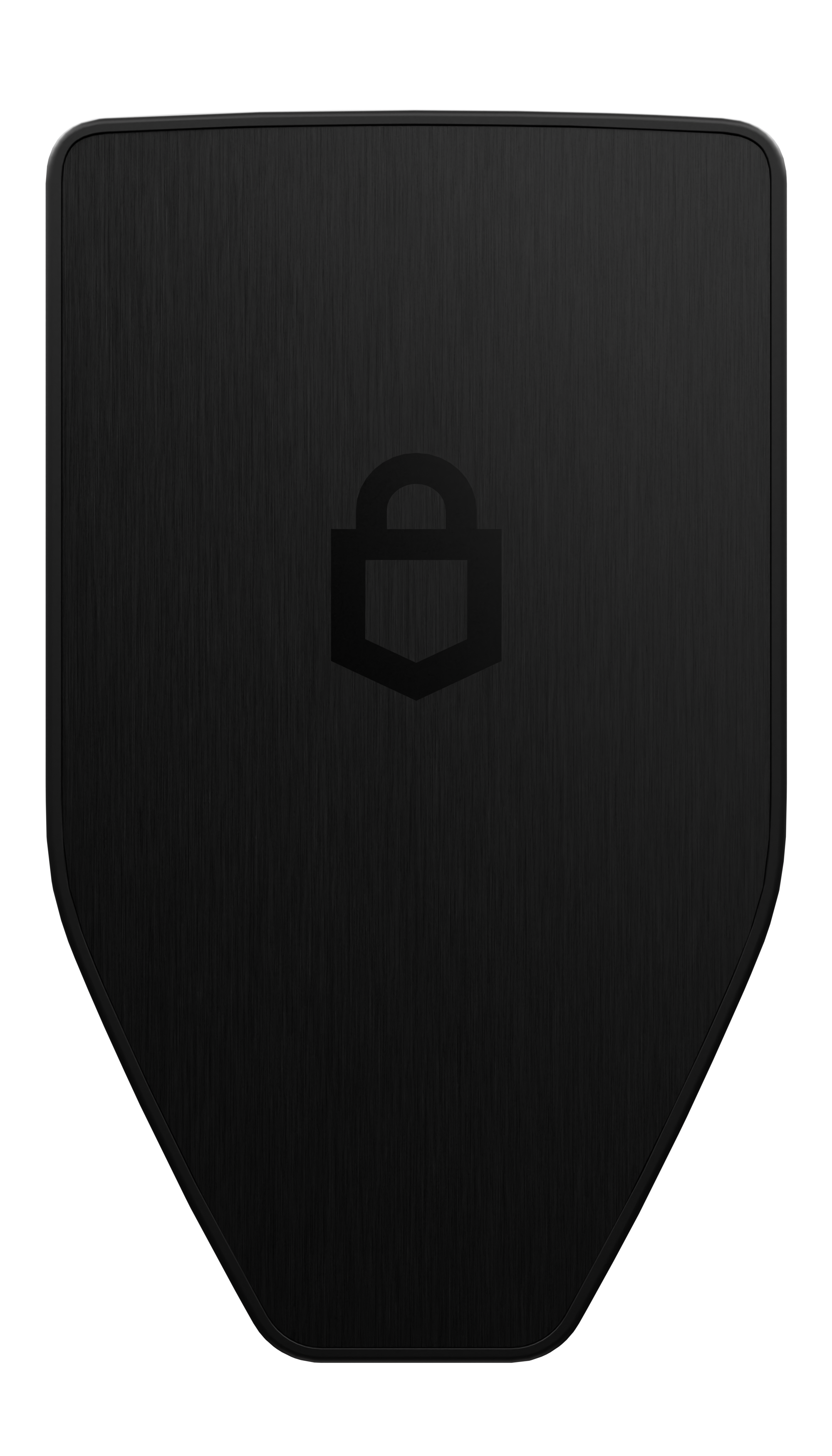 Czarny obiekt w kształcie tarczy z teksturowaną powierzchnią. Ikona kłódki jest wyśrodkowana.