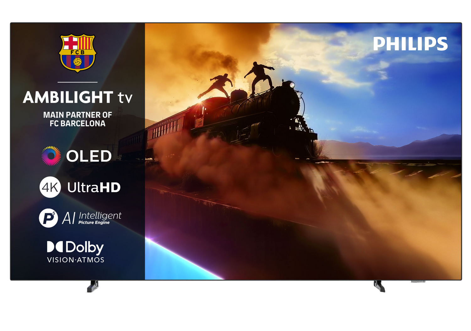 Un televisor Philips muestra una escena de tren con personas encima. Logos de FC Barcelona, OLED, 4K UltraHD y Dolby son visibles.