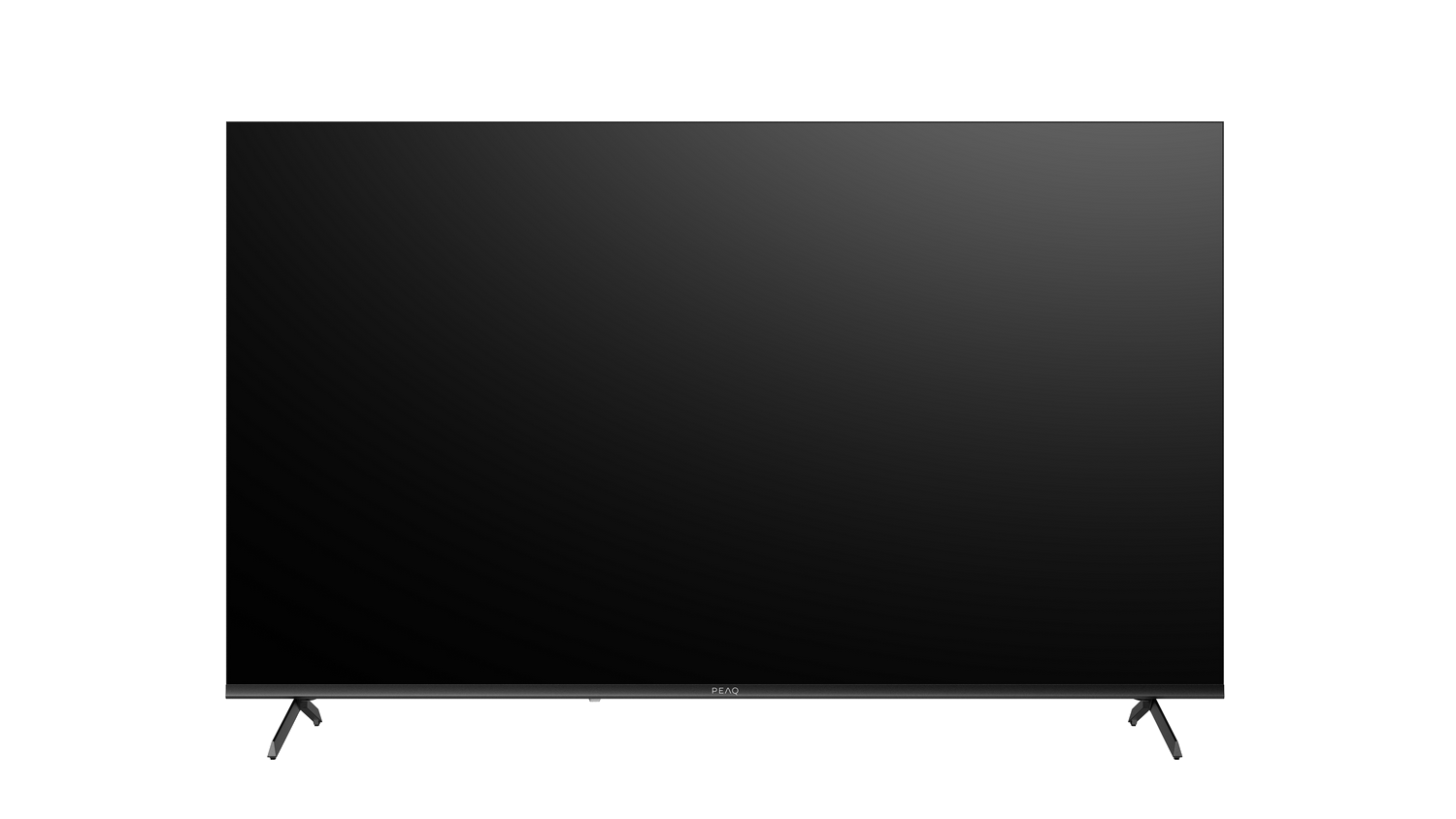 Un televisor de pantalla plana negro grande está centrado sobre un fondo negro. El televisor tiene un marco delgado y dos patas.