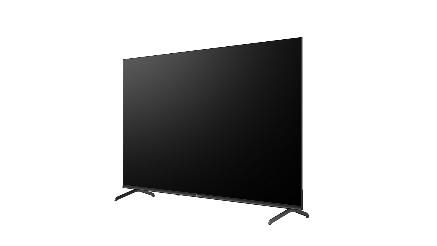Un televisor de pantalla plana negro grande está ligeramente inclinado hacia la derecha, con patas negras. El fondo es blanco.