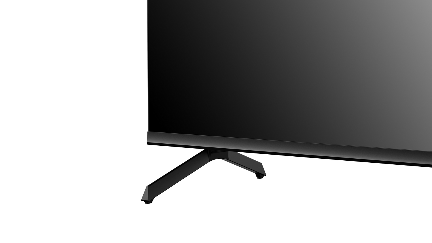 Un televisor negro con un diseño elegante está en ángulo. Tiene una base y un soporte negros sobre un fondo blanco. La pantalla está apagada.