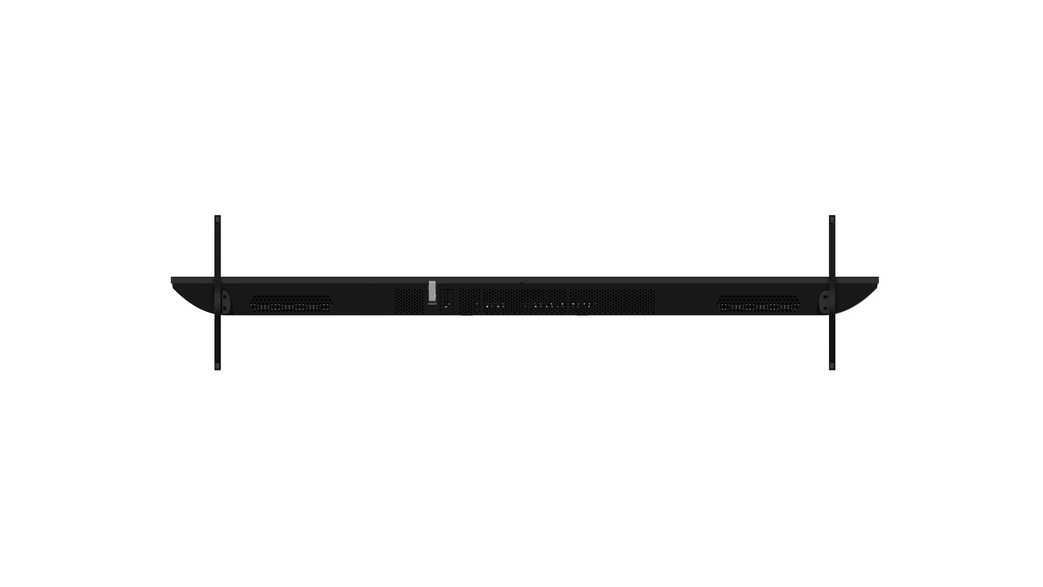 Un televisor negro desde una vista superior. Tiene dos soportes verticales y está sobre un fondo blanco.