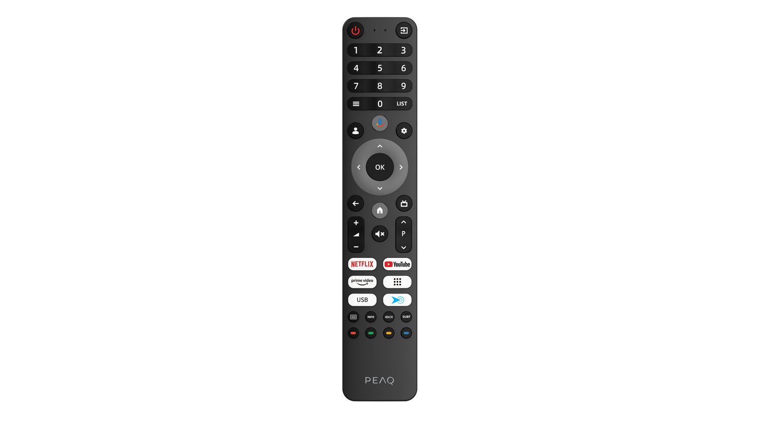 Un mando a distancia PEAQ negro. Tiene botones para números, Netflix, YouTube y control de volumen, sobre un fondo blanco.
