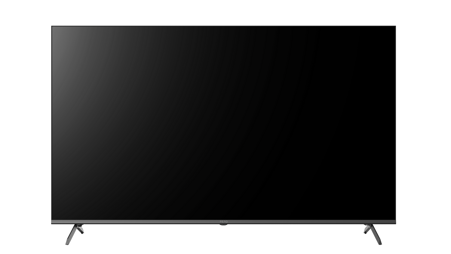 Un televisor de pantalla plana grande y negro se encuentra sobre un fondo negro. El televisor tiene patas plateadas y un marco inferior plateado.