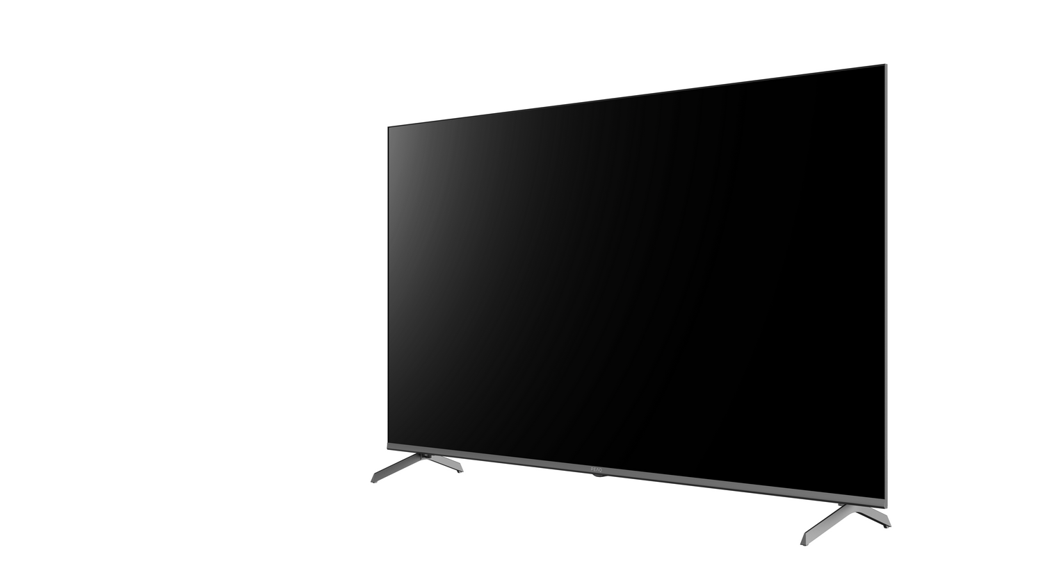 Un televisor de pantalla plana grande y negro se apoya en dos patas plateadas sobre un fondo blanco. La pantalla está apagada.