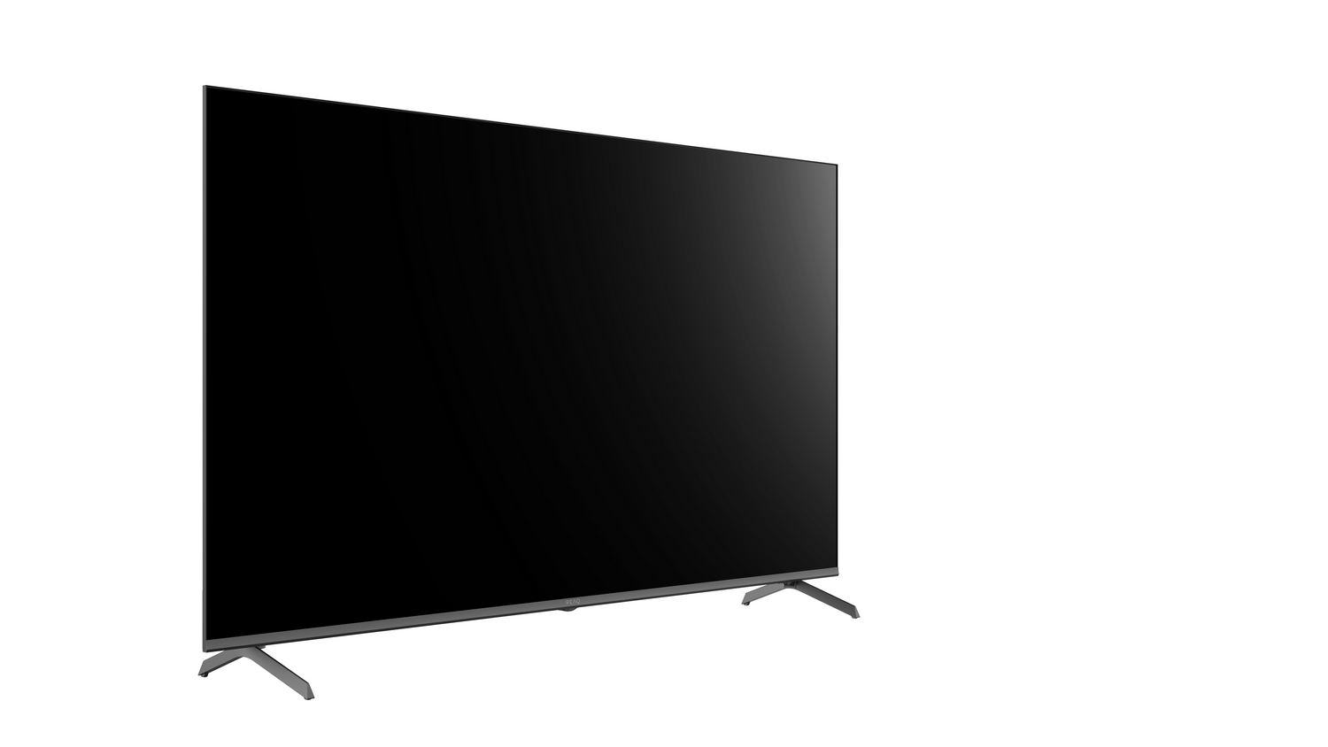 Un televisor de pantalla plana grande y negro está ligeramente inclinado hacia la derecha. Se apoya en dos patas plateadas sobre un fondo blanco.