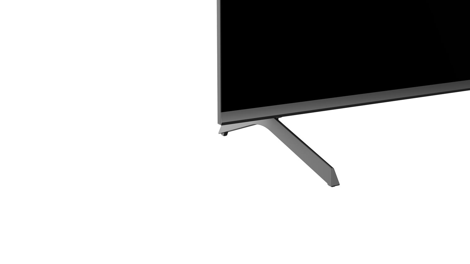 Un televisor moderno con pantalla negra y soporte plateado. El soporte tiene un diseño angular único. El fondo es blanco.