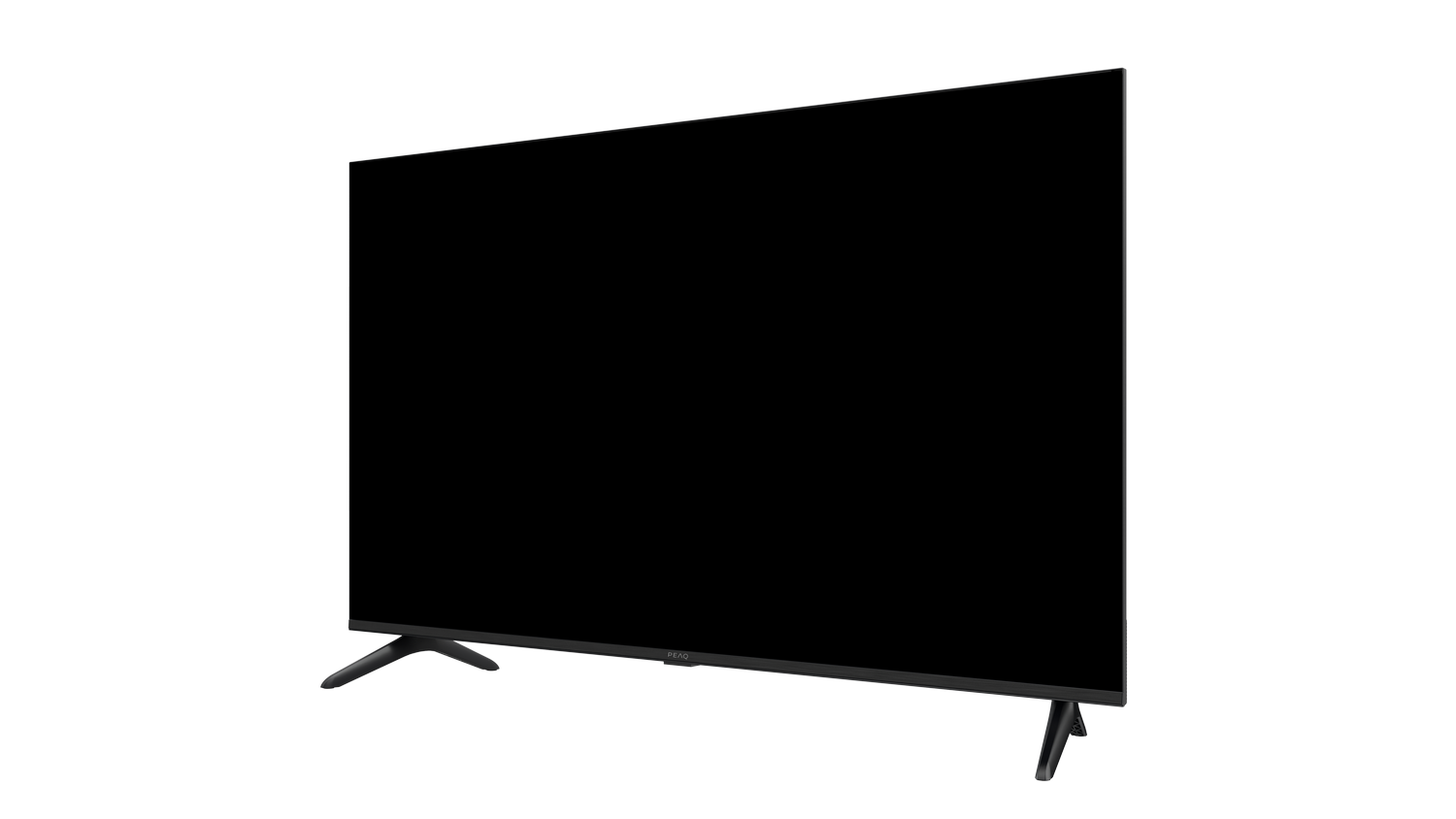 Un televisor de pantalla plana negro sobre un fondo gris. El televisor tiene dos patas y la pantalla es negra. El fondo es gris.