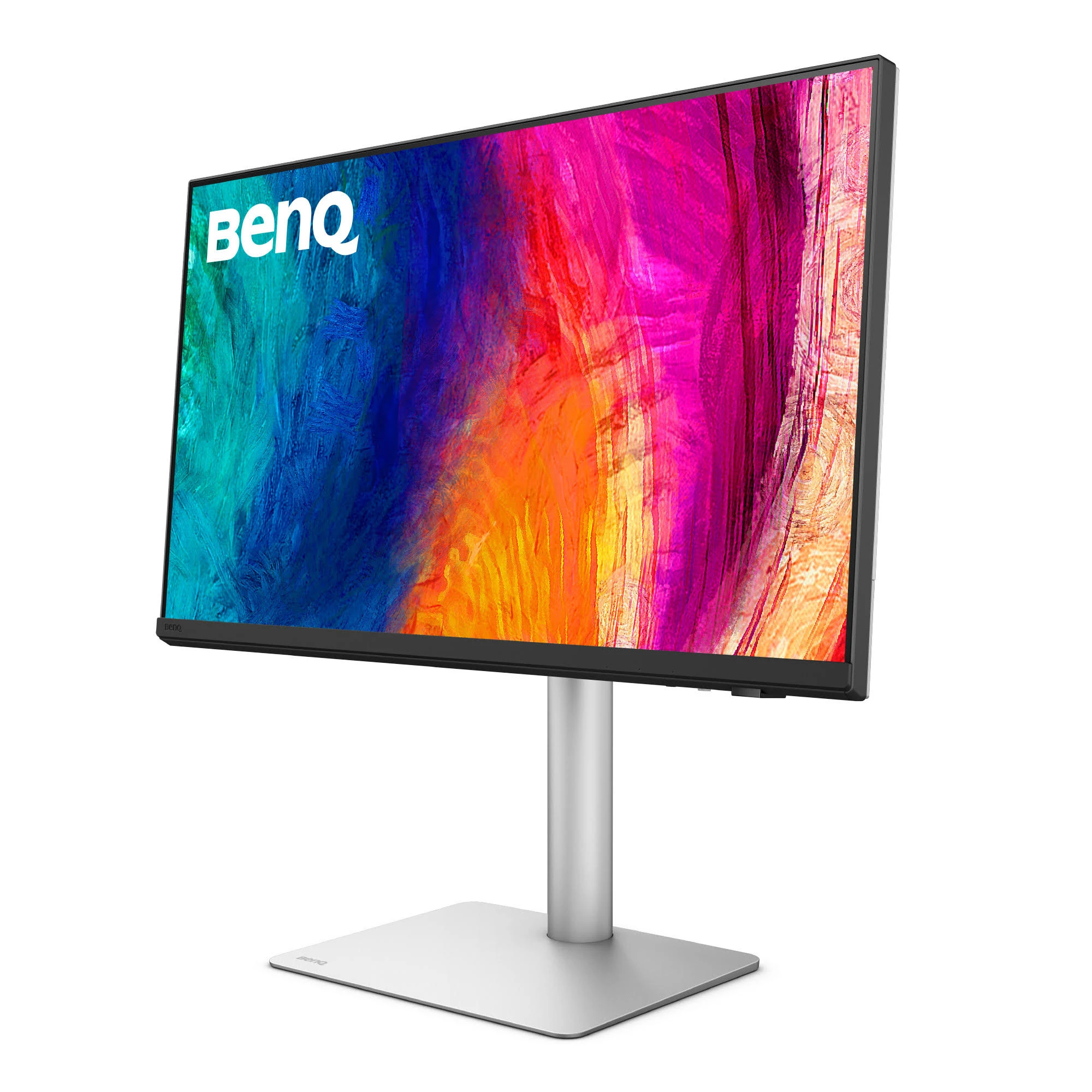 Un monitor BenQ con arte abstracto colorido. Tiene un soporte y base plateados sobre un fondo blanco.
