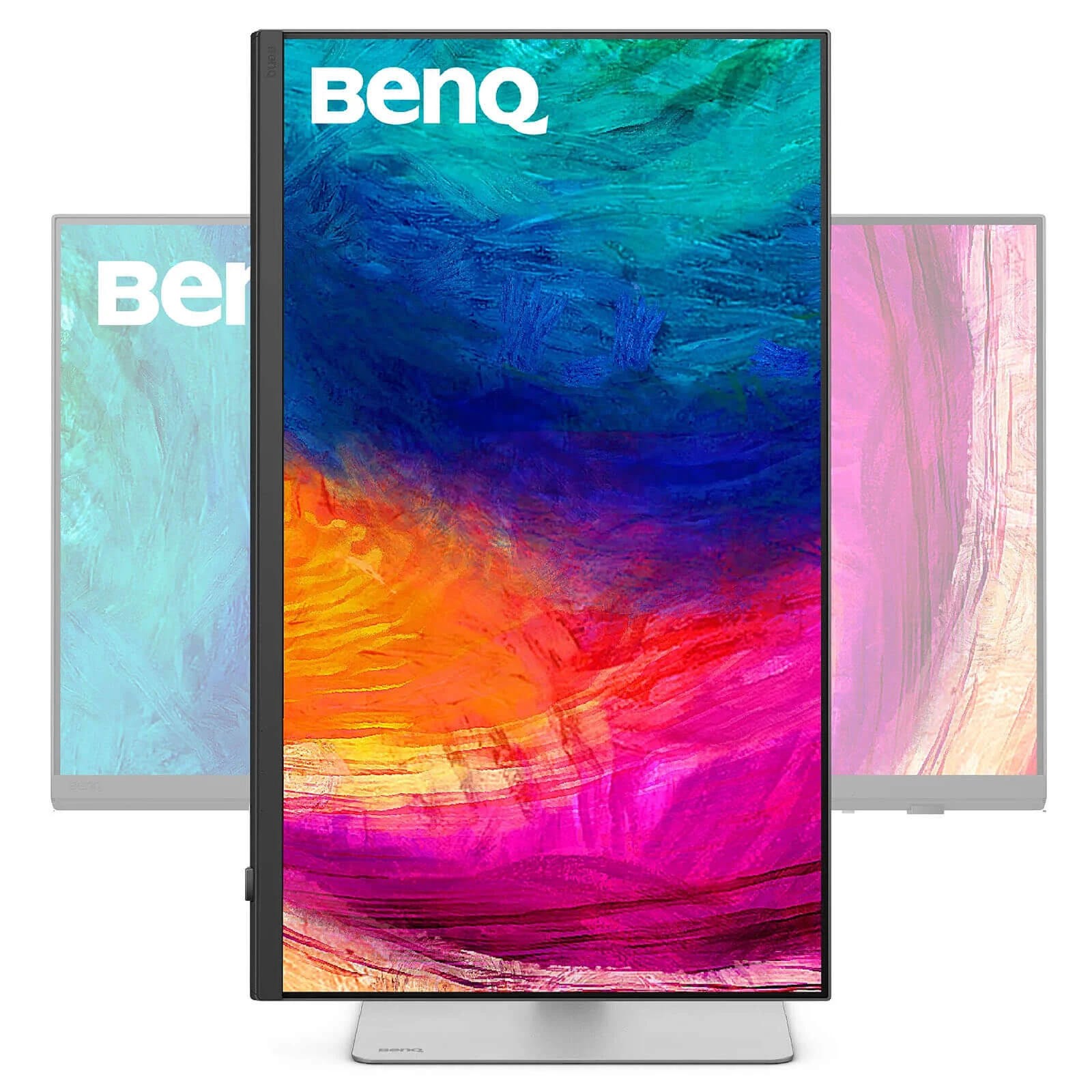 Tres monitores BenQ sobre fondo blanco. El central muestra arte abstracto colorido. Los otros muestran imágenes menos detalladas.