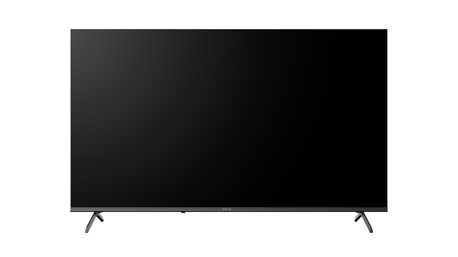 Un televisor de pantalla plana grande y negro con patas plateadas y un marco delgado. El fondo es completamente negro.