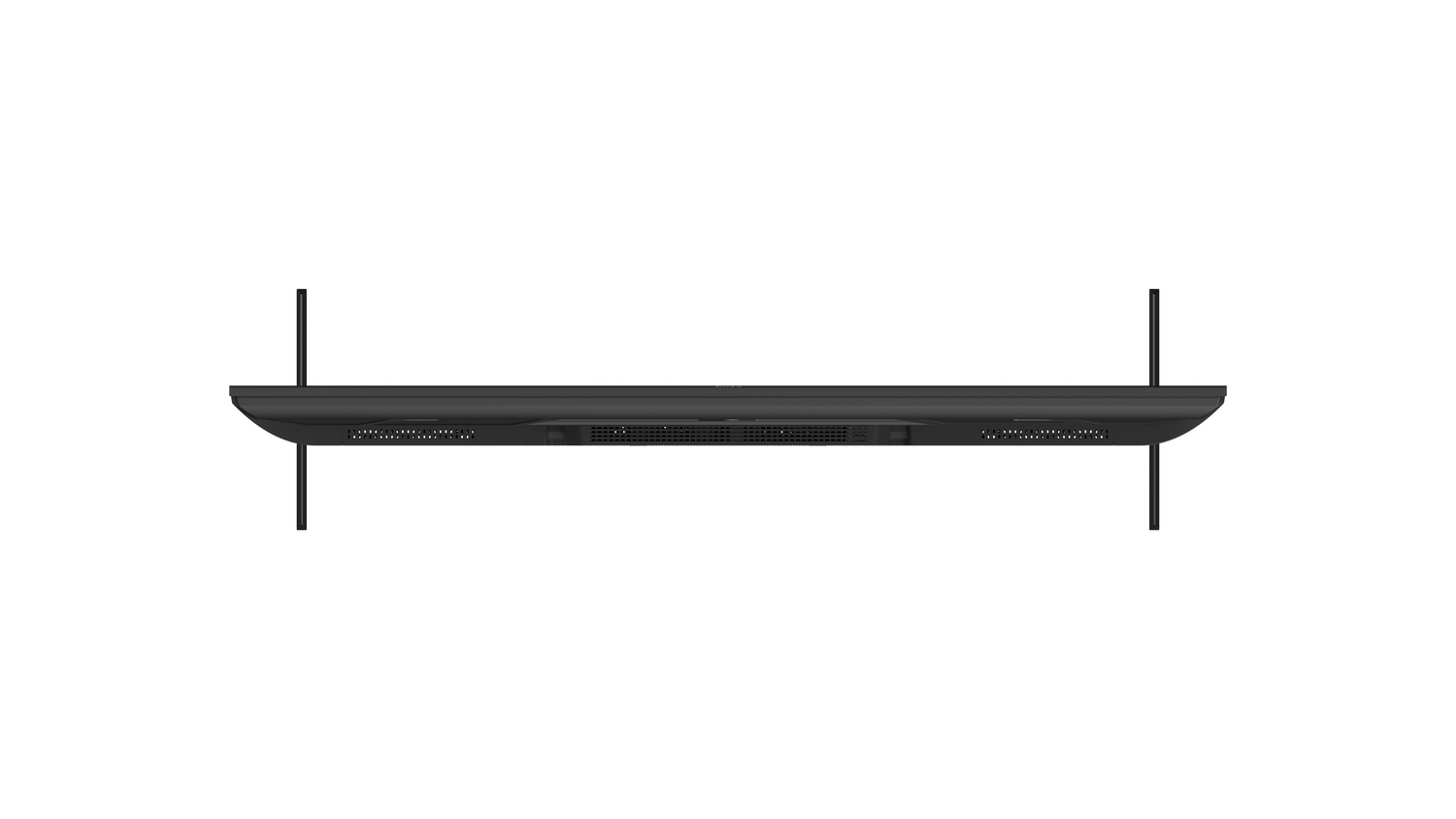 Vista superior de un televisor negro con brazos de montaje. El televisor es rectangular con una rejilla de altavoz. Fondo blanco.