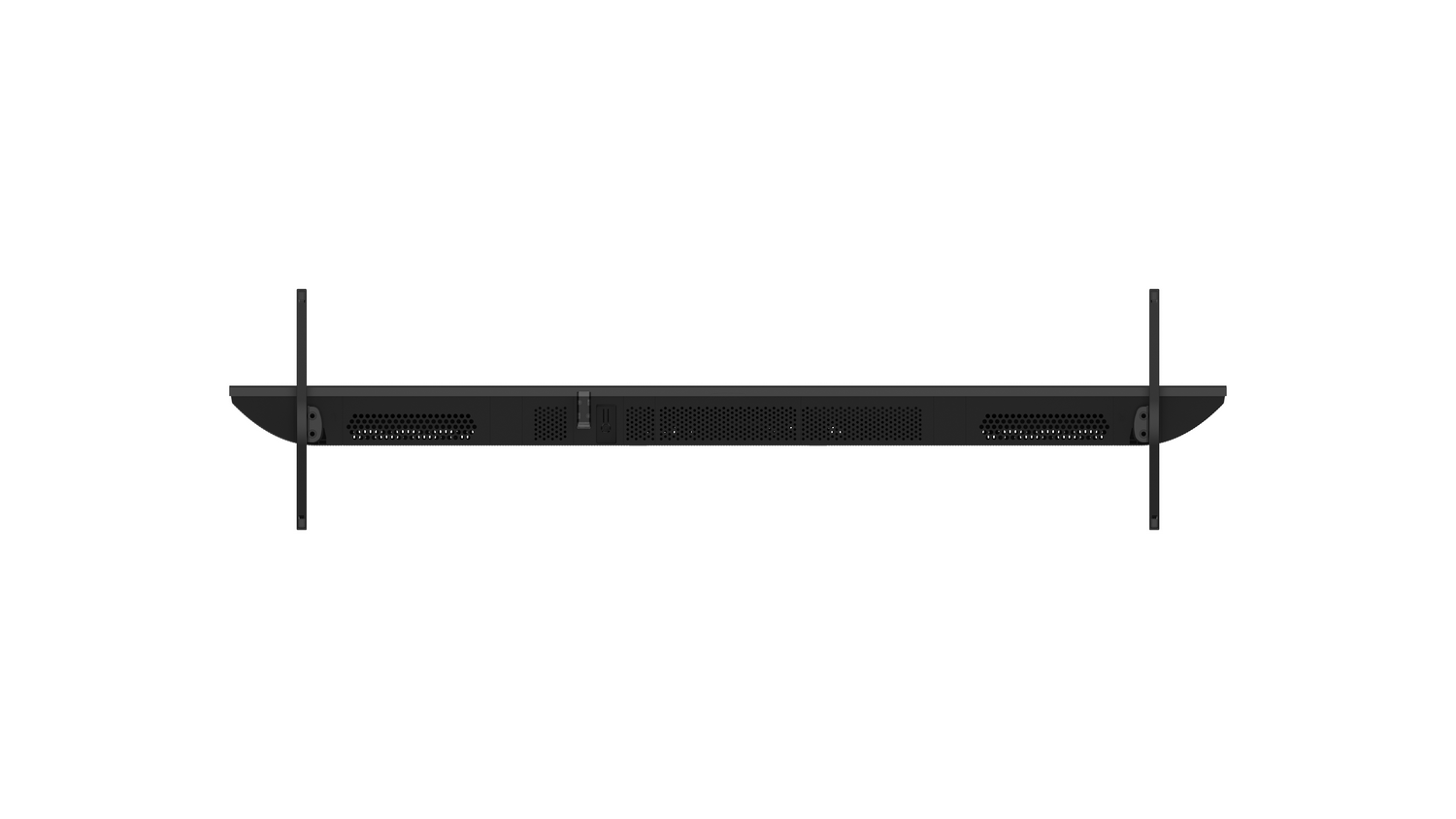 Un televisor negro, visto desde abajo, con dos brazos de montaje verticales. El televisor tiene rejillas de ventilación e puertos.