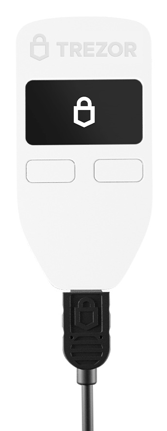 Biały portfel sprzętowy Trezor z czarnym ekranem z ikoną kłódki, podłączony do czarnego kabla USB.