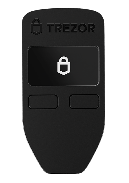 Czarny portfel sprzętowy Trezor. Ma ekran z symbolem kłódki i dwa przyciski poniżej. Logo Trezor znajduje się u góry.