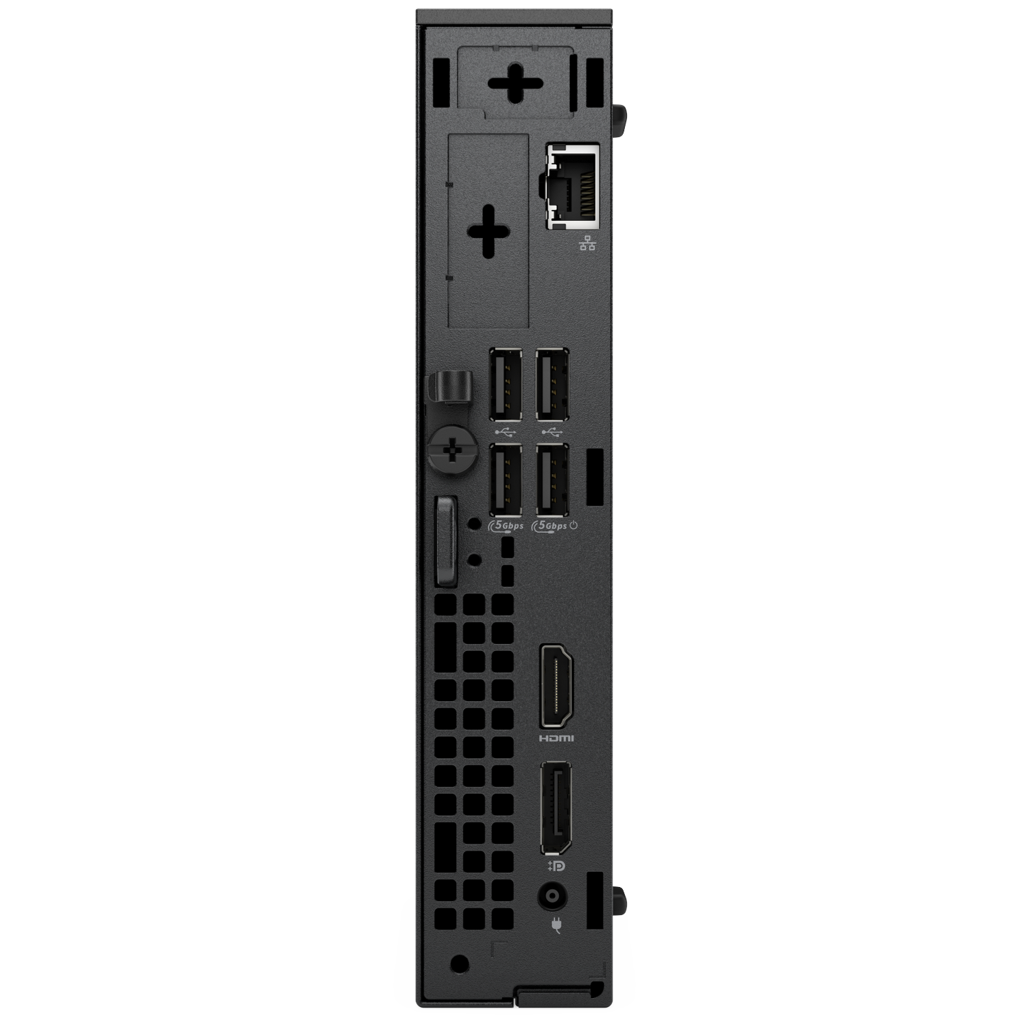 Black computer back panel. Features include USB ports, HDMI, Ethernet, and power port.