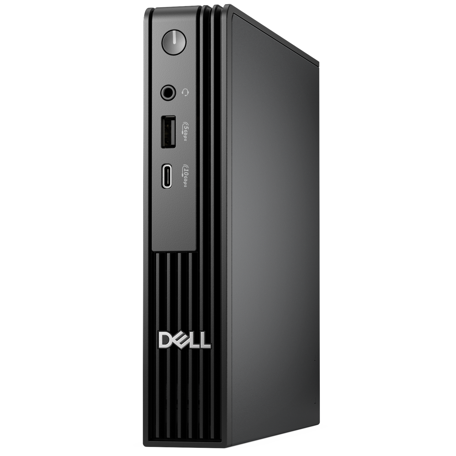 A black Dell desktop computer. It has a power button, headphone jack, USB port, and USB-C port. The Dell logo is visible.