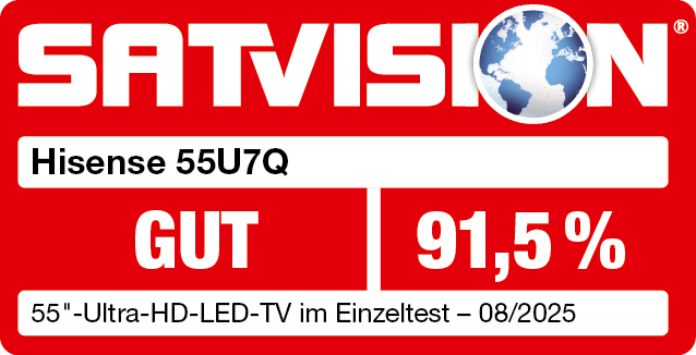 Rotes SATVISION-Logo mit Globus, Hisense TV-Modellinfo, 'GUT'- und '91,5 %'-Bewertungen und Text zum TV-Test.