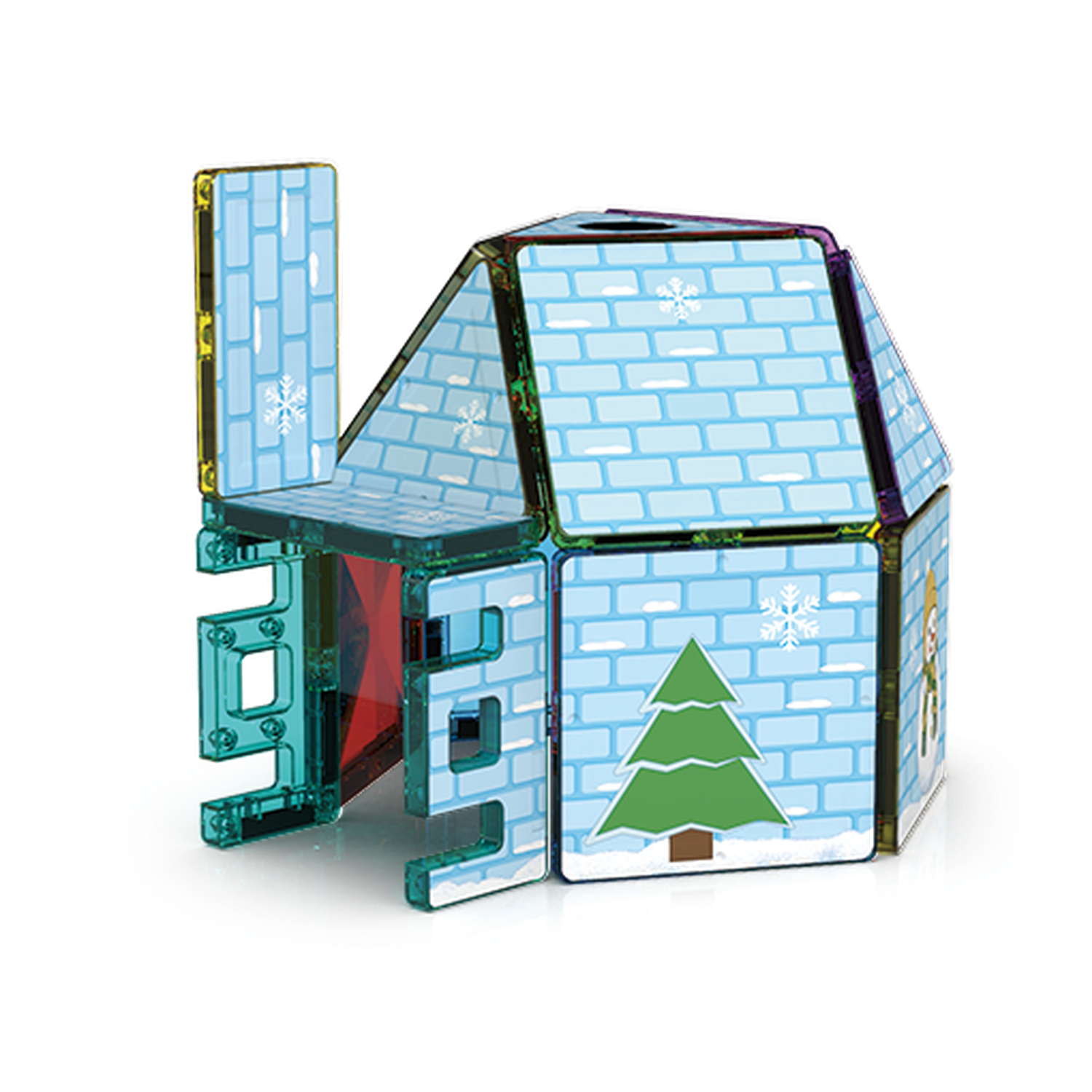 Een speelgoedhuis gemaakt van blauwe blokken. Het heeft een schoorsteen en een kerstboom aan de zijkant. Sneeuwvlokken staan op het dak en de muren.