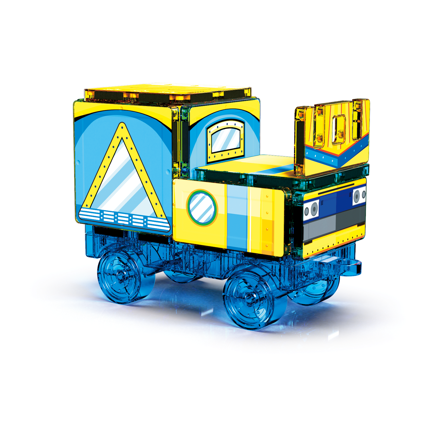Een speelgoedtrein met transparante blauwe wielen en een gele en blauwe carrosserie. Het heeft een driehoekig bord en ronde ramen.