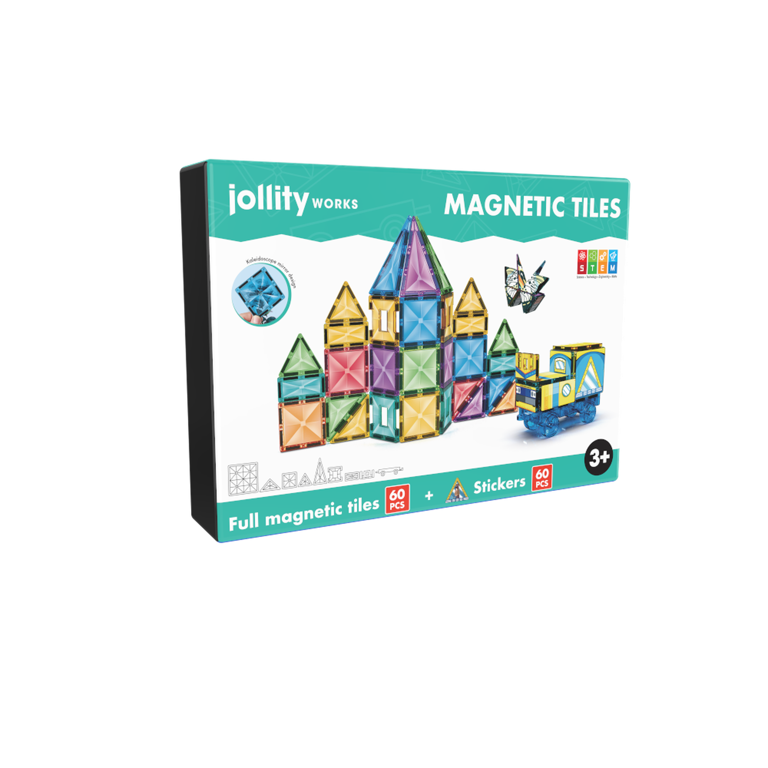 Doos met magnetische tegels. De doos toont een kasteel en een trein gemaakt van kleurrijke tegels. De doos bevat ook stickers.