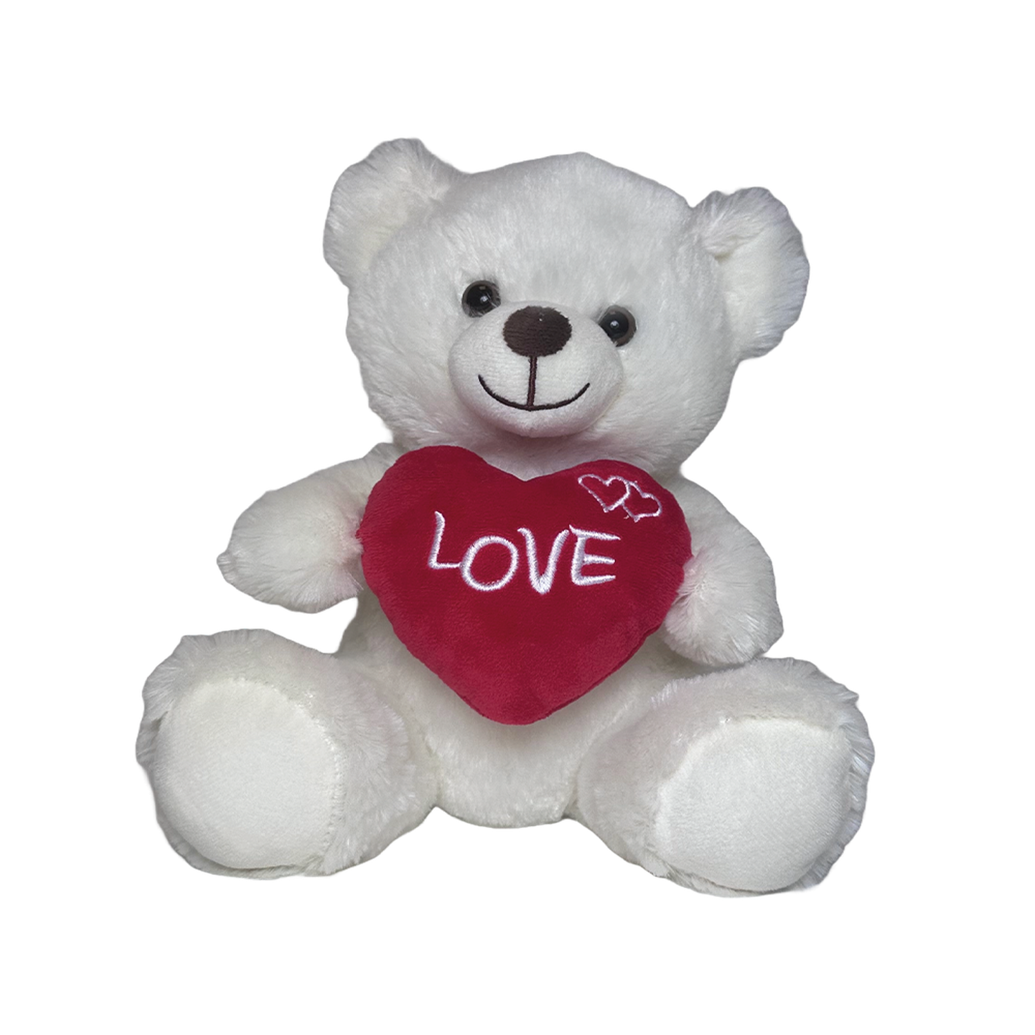 A white teddy bear holding a red heart with the word 'LOVE' written on it, against a black background.