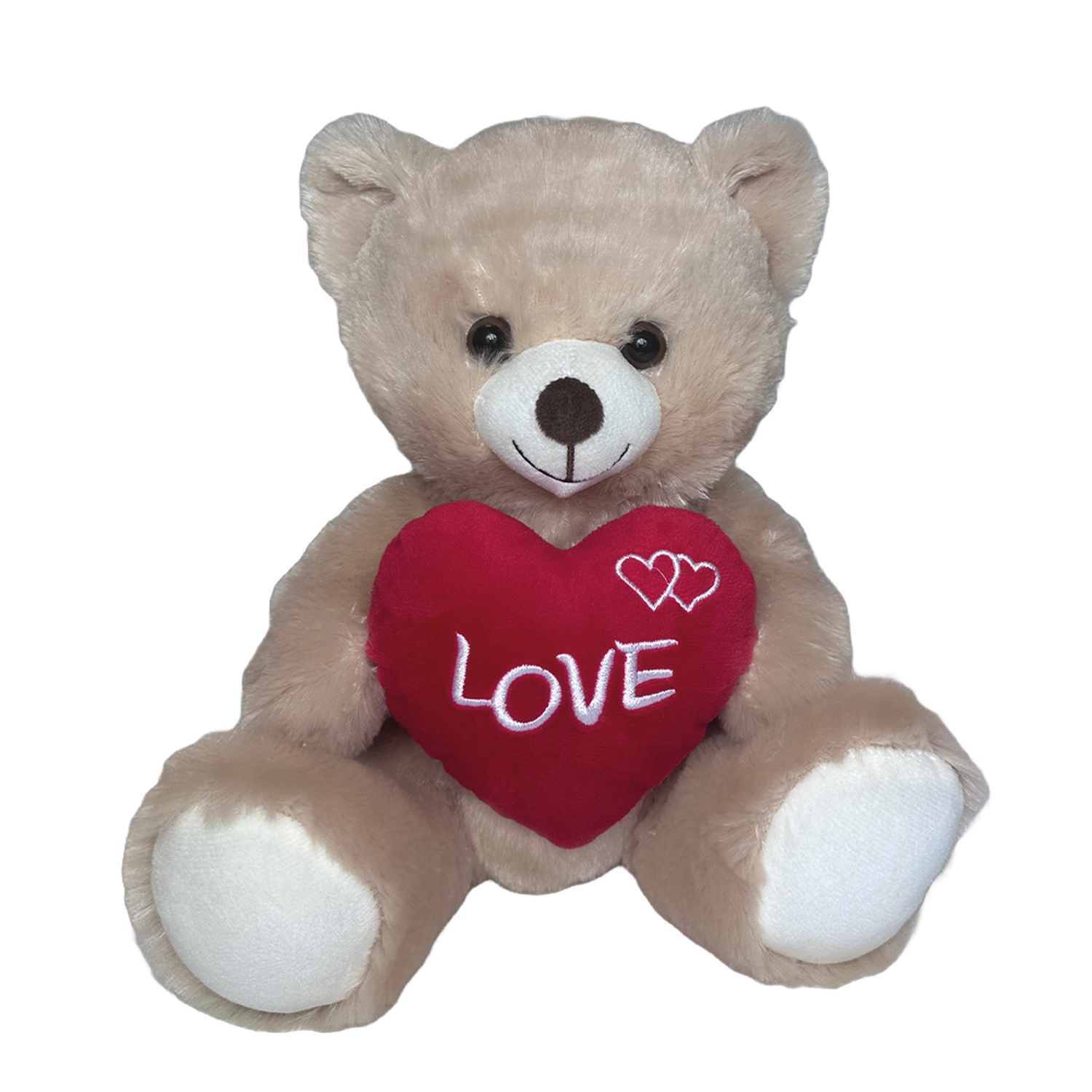 A teddy bear with a red heart that says 'LOVE'. The bear is light brown with white accents and a black background.