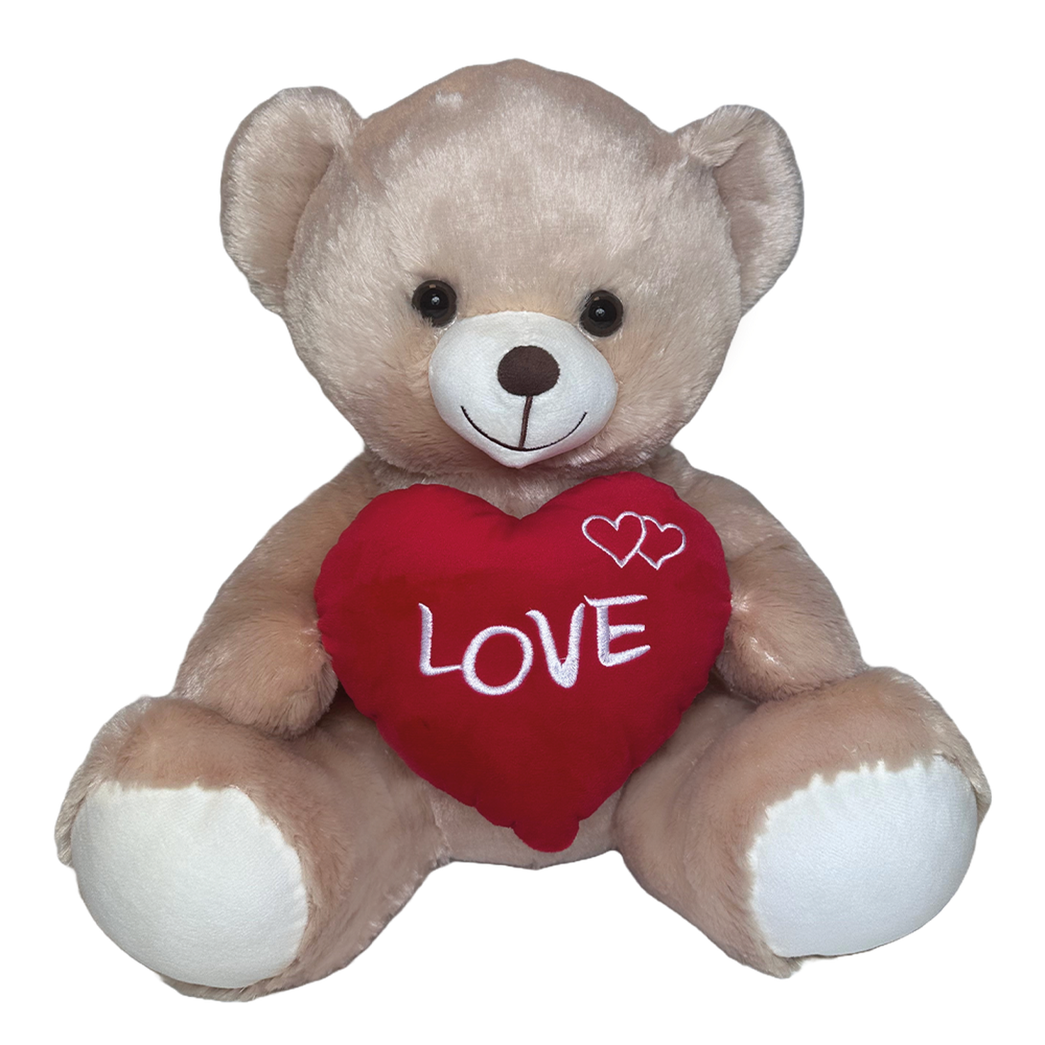 A beige teddy bear holding a red heart with the word 'LOVE' and two hearts on it. The background is black.