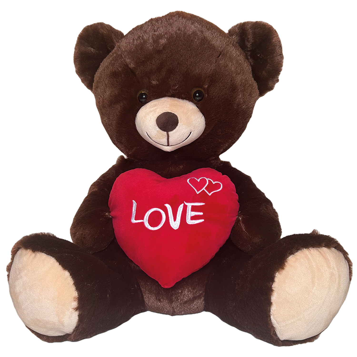 Brown teddy bear holding a red heart-shaped pillow with 'LOVE' written on it. Two hearts are embroidered above.