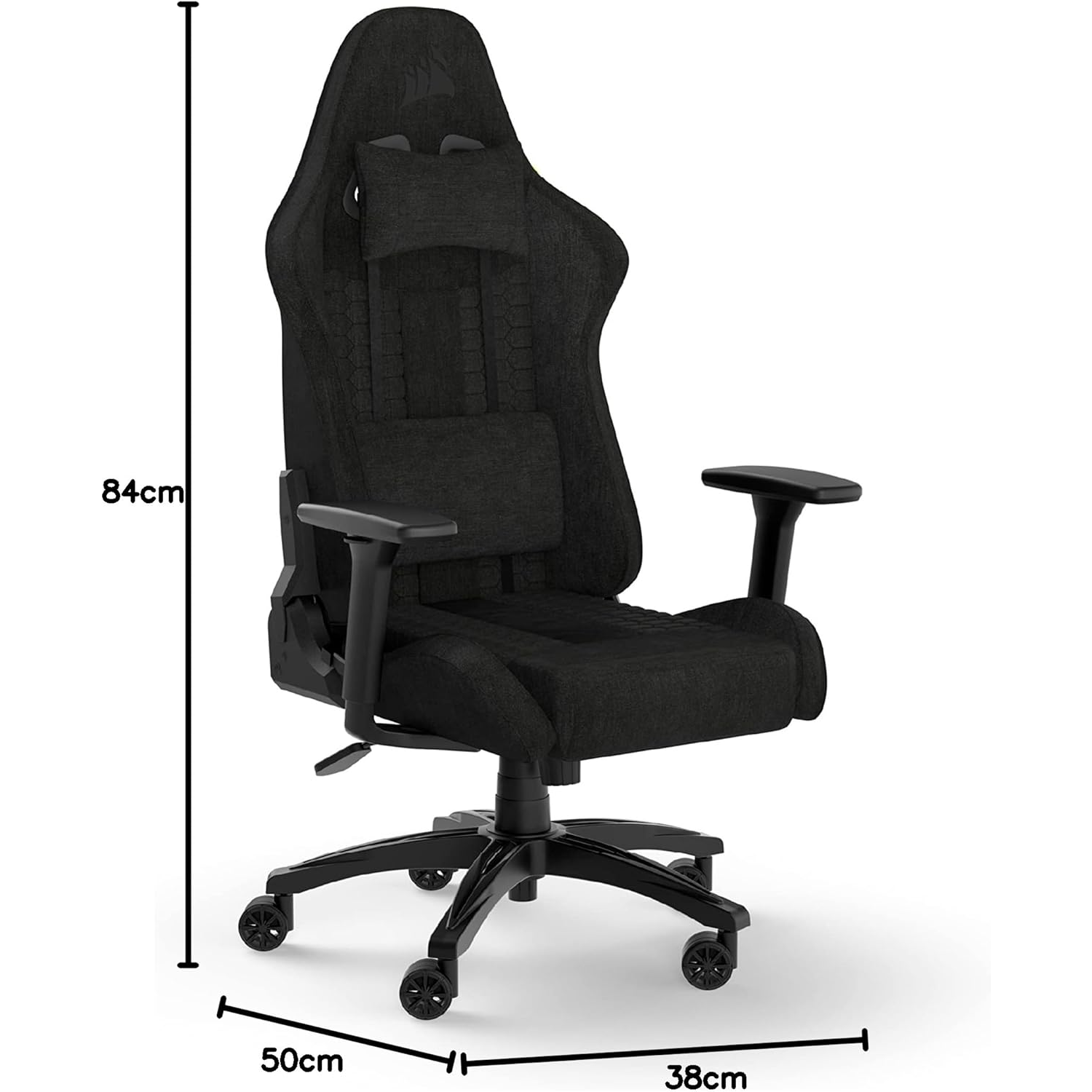 Black gaming chair with headrest, armrests, and wheels. Dimensions are labeled: 84cm height, 50cm width, 38cm depth.