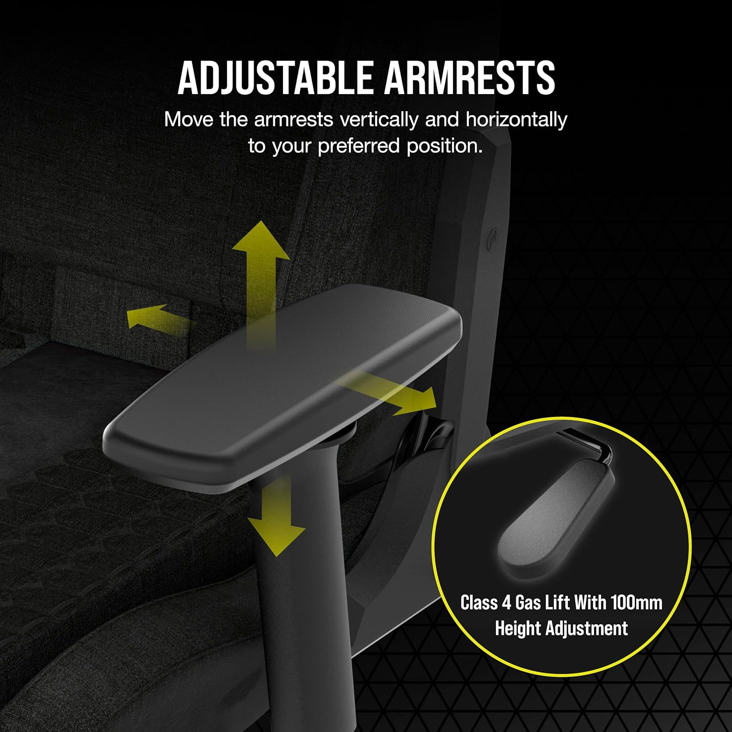 Image shows adjustable armrests on a gaming chair. Yellow arrows indicate vertical and horizontal movement. Text highlights height adjustment.