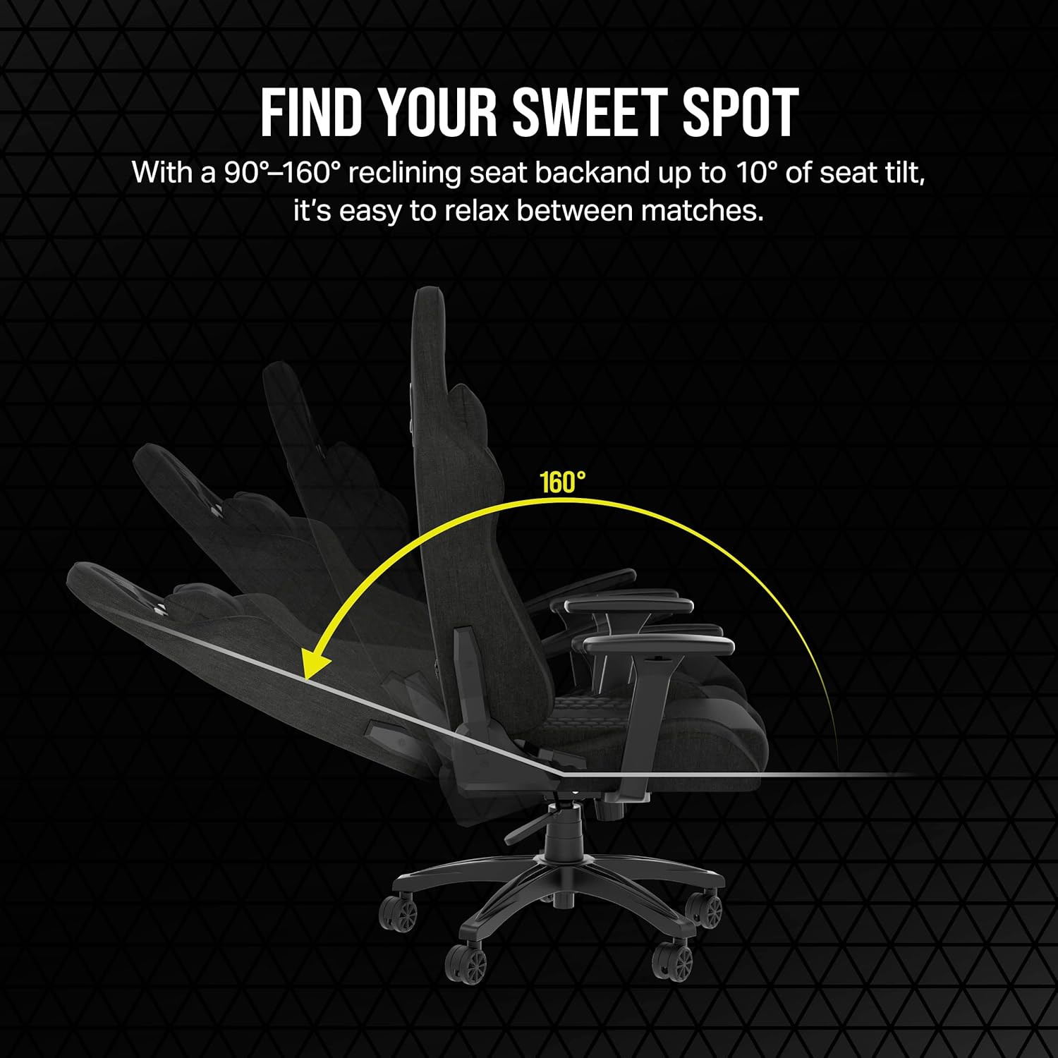 An office chair with a reclining back, illustrated with a yellow arc showing the reclining angle. Text reads "FIND YOUR SWEET SPOT".