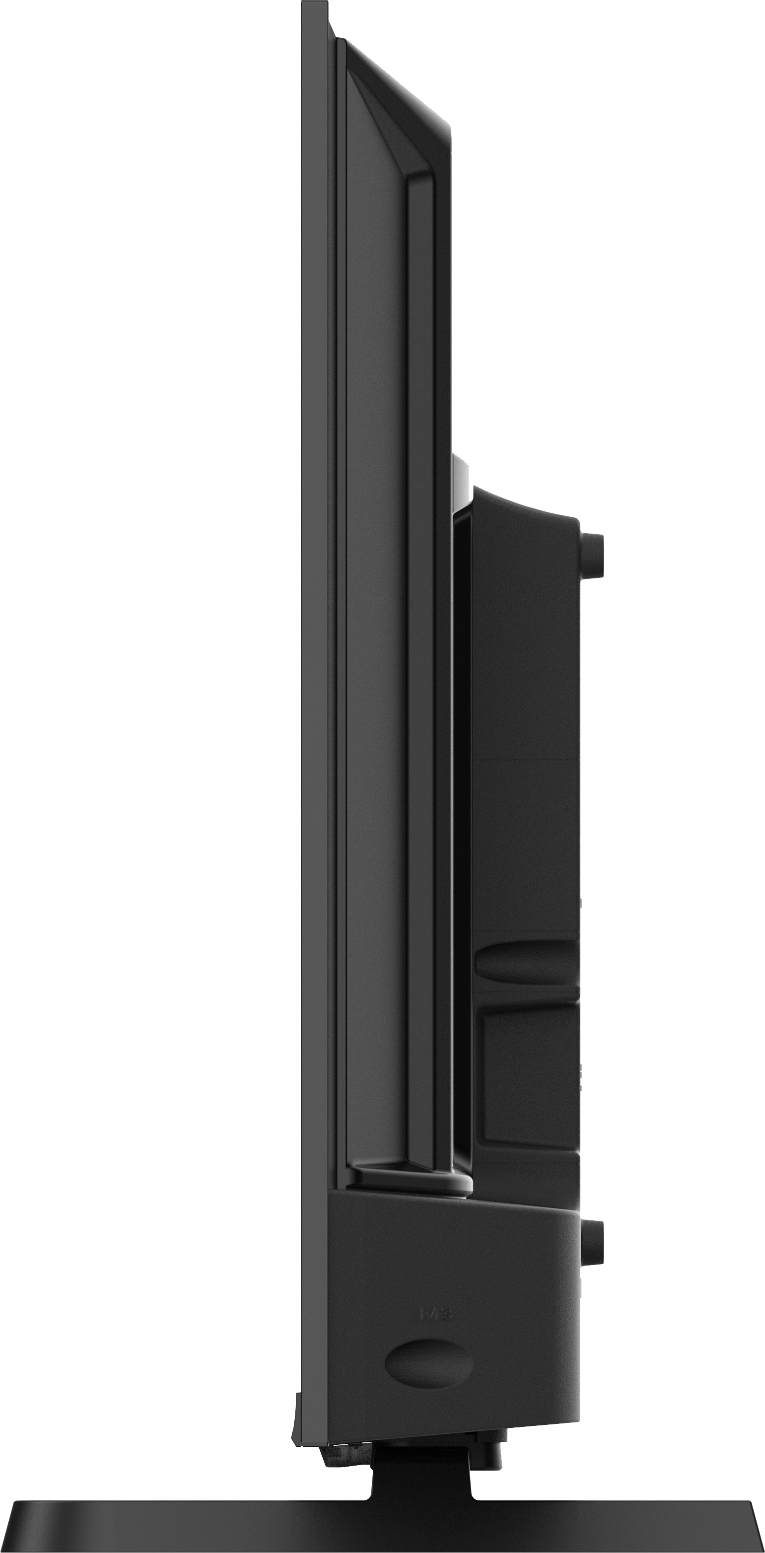 Widok z boku czarnego telewizora z płaskim ekranem. Ma prostokątny kształt, ze stojakiem i czarnym tłem.