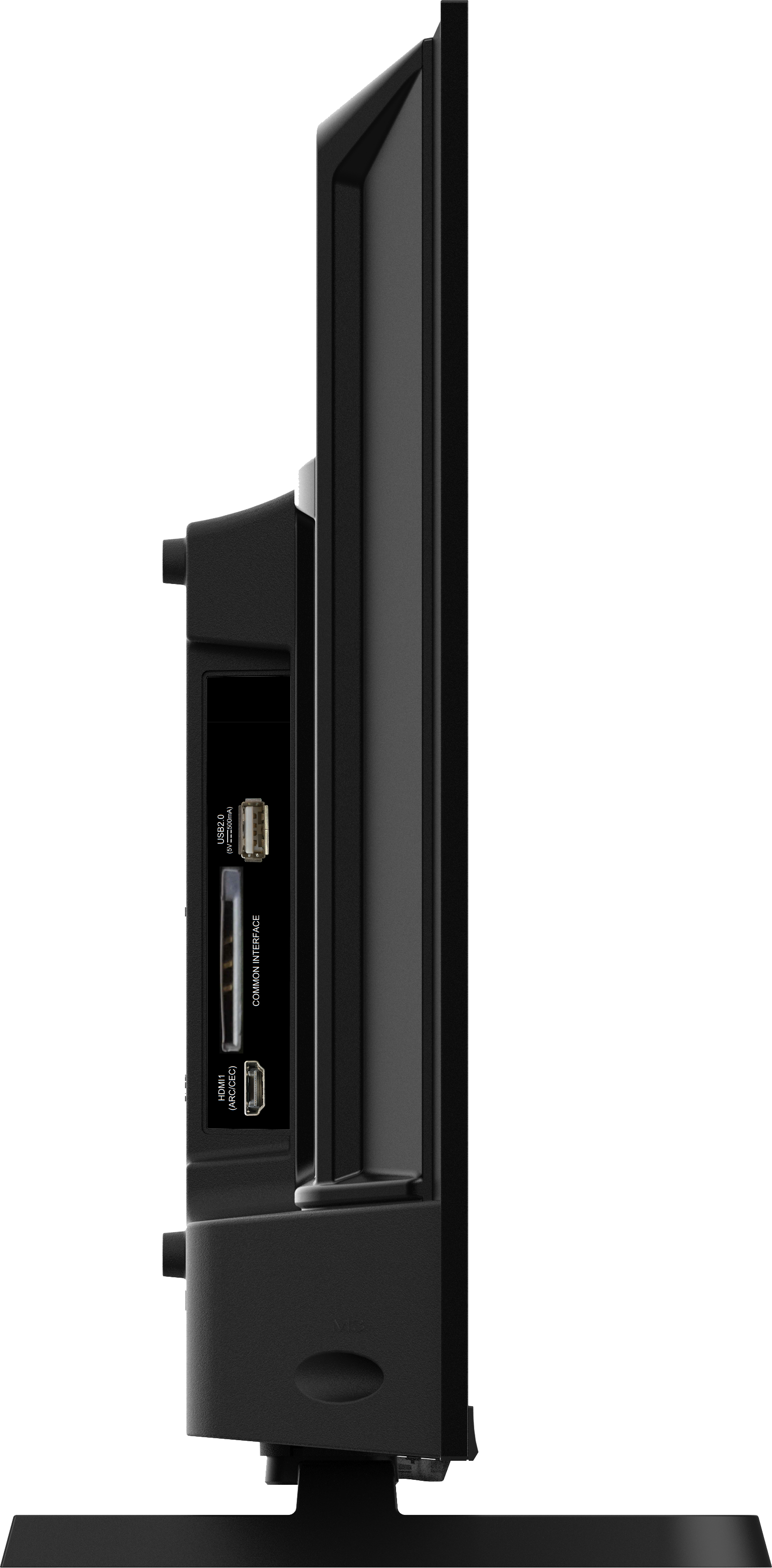 Widok z boku czarnego telewizora. Posiada kilka portów, w tym USB i HDMI. Telewizor stoi na czarnym stojaku na czarnym tle.
