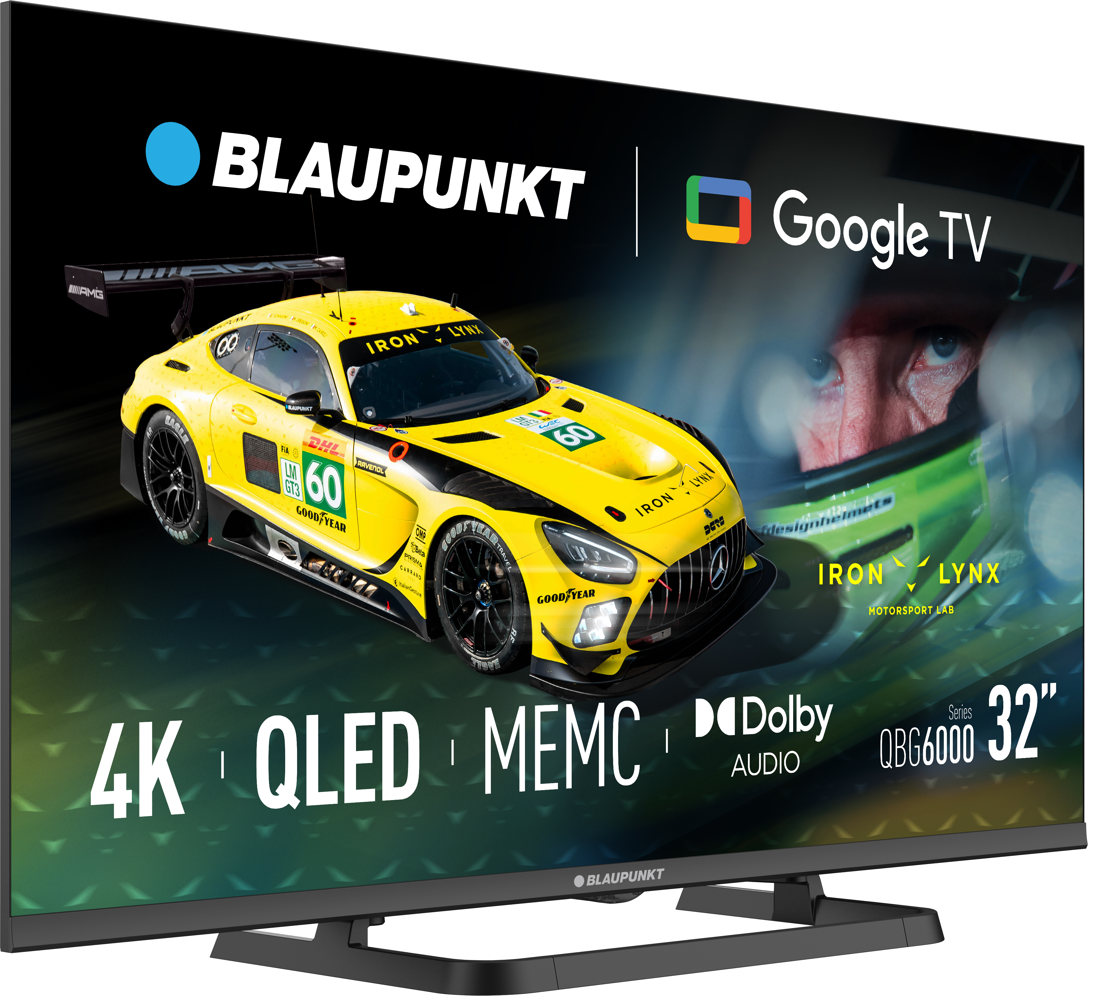 Telewizor Blaupunkt wyświetla żółty samochód wyścigowy z czarnymi akcentami. Obecne logo Google TV. Tekst: 4K, QLED, MEMC, Dolby Audio, QBG6000, 32".