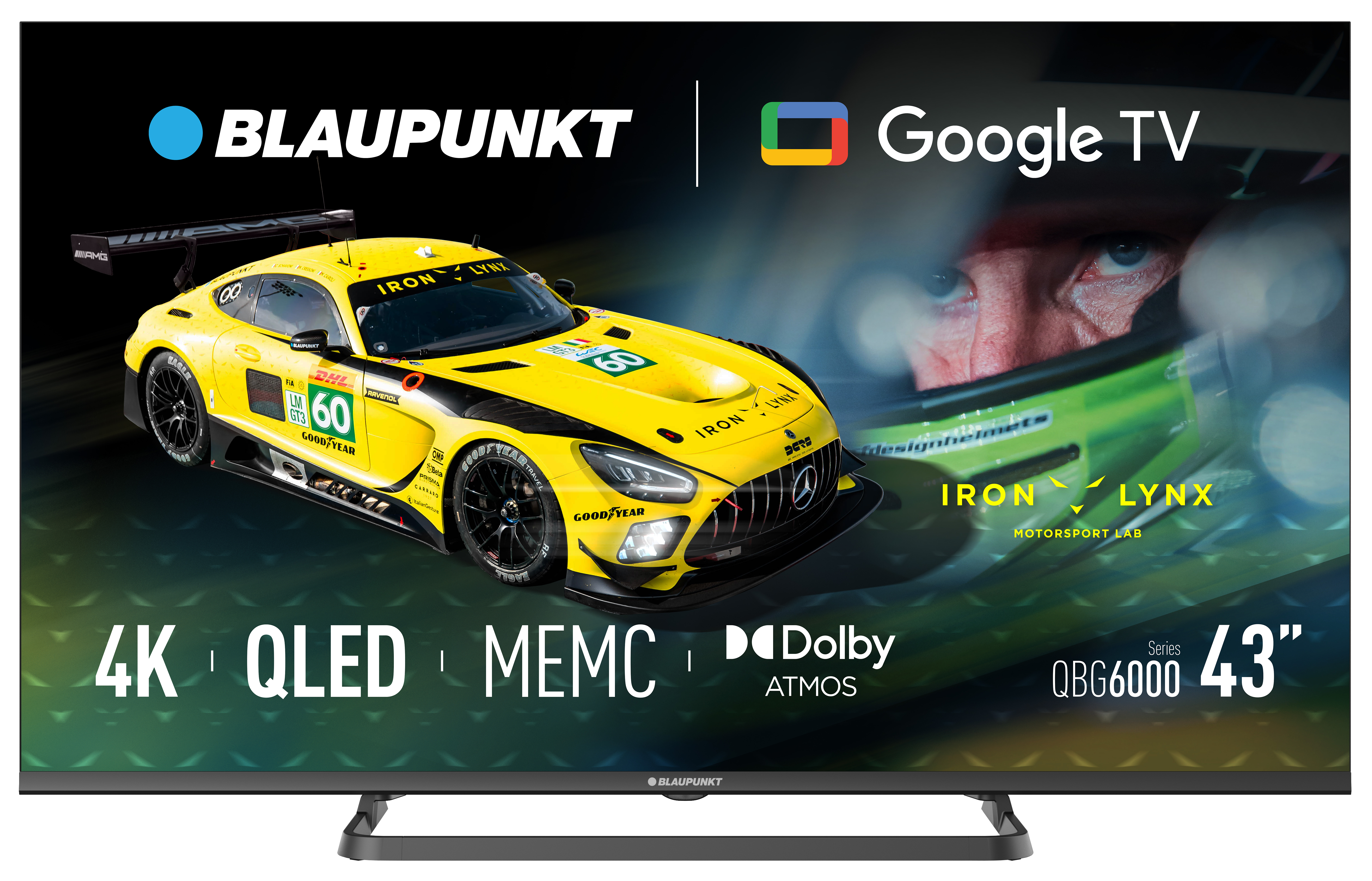 Telewizor Blaupunkt wyświetla żółty samochód wyścigowy z logo Google TV. Samochód ma numer 60 i markę Iron Lynx.