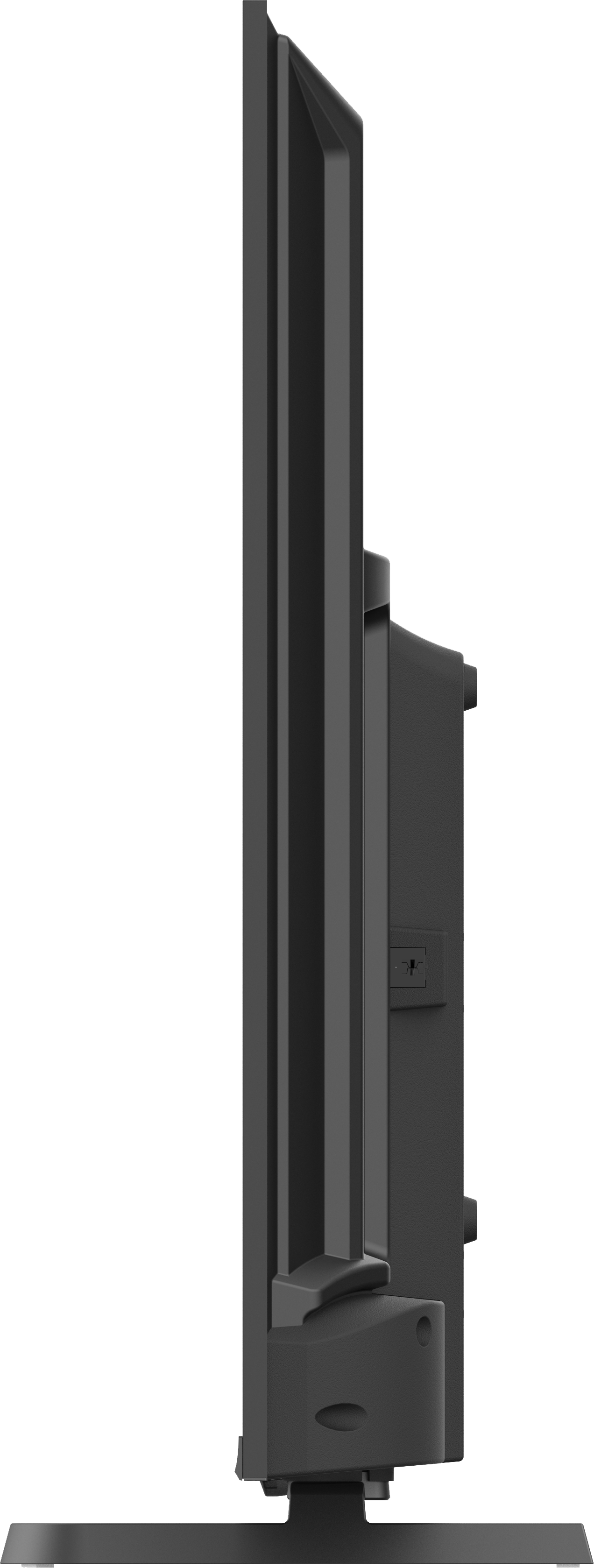 Widok z boku czarnego, nowoczesnego telewizora ze stojakiem. Ekran jest ciemny, a telewizor ma elegancki, kanciasty design.