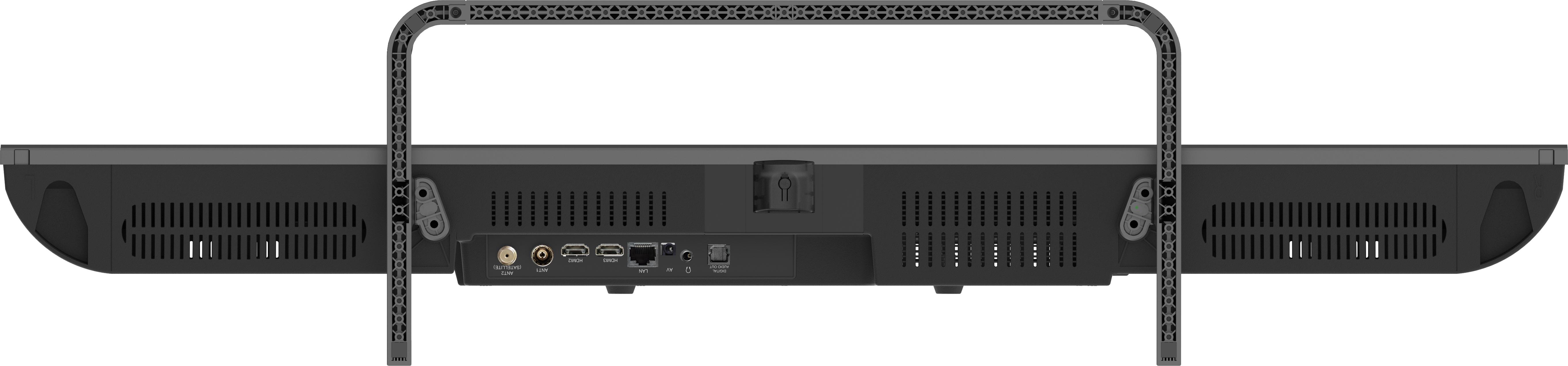 Ciemnoszare urządzenie z wieloma portami i otworami wentylacyjnymi. Ma ramę łączącą i wydaje się być elementem technologicznym.