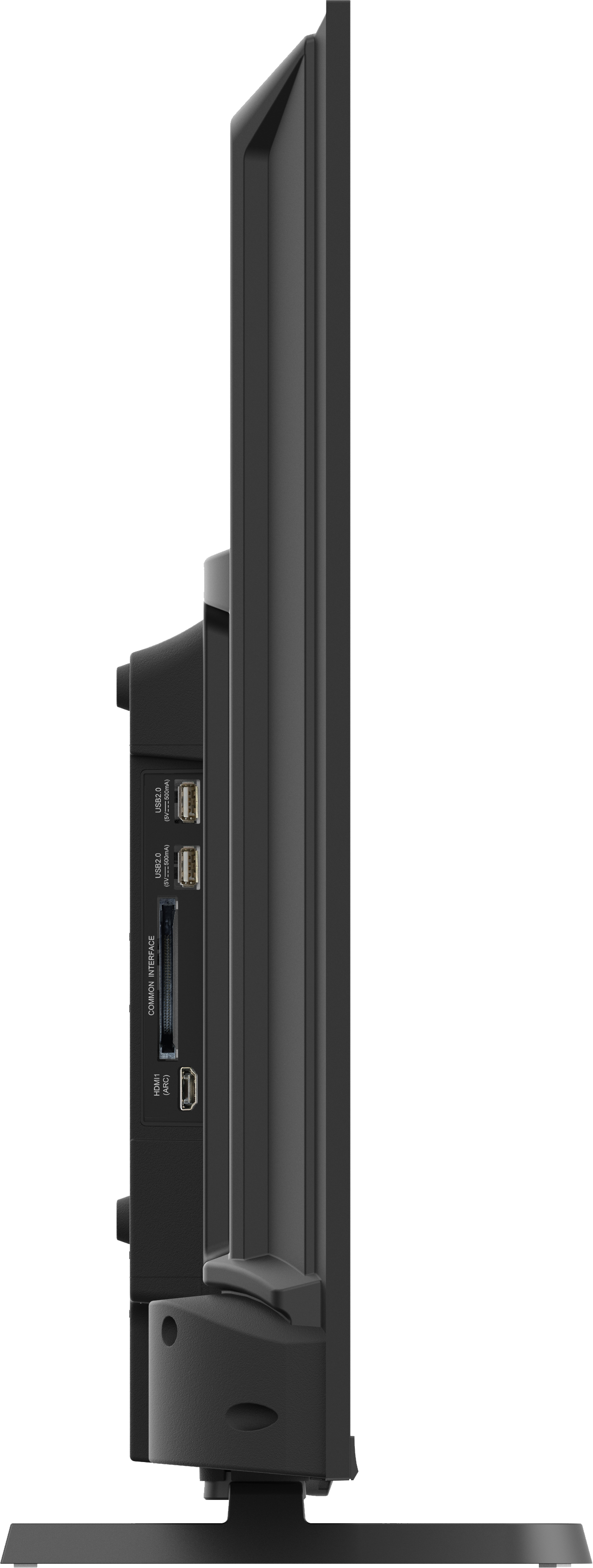 Czarny telewizor widoczny z boku. Ma kilka portów i złączy. Ekran jest czarny, a telewizor stoi na podstawie.