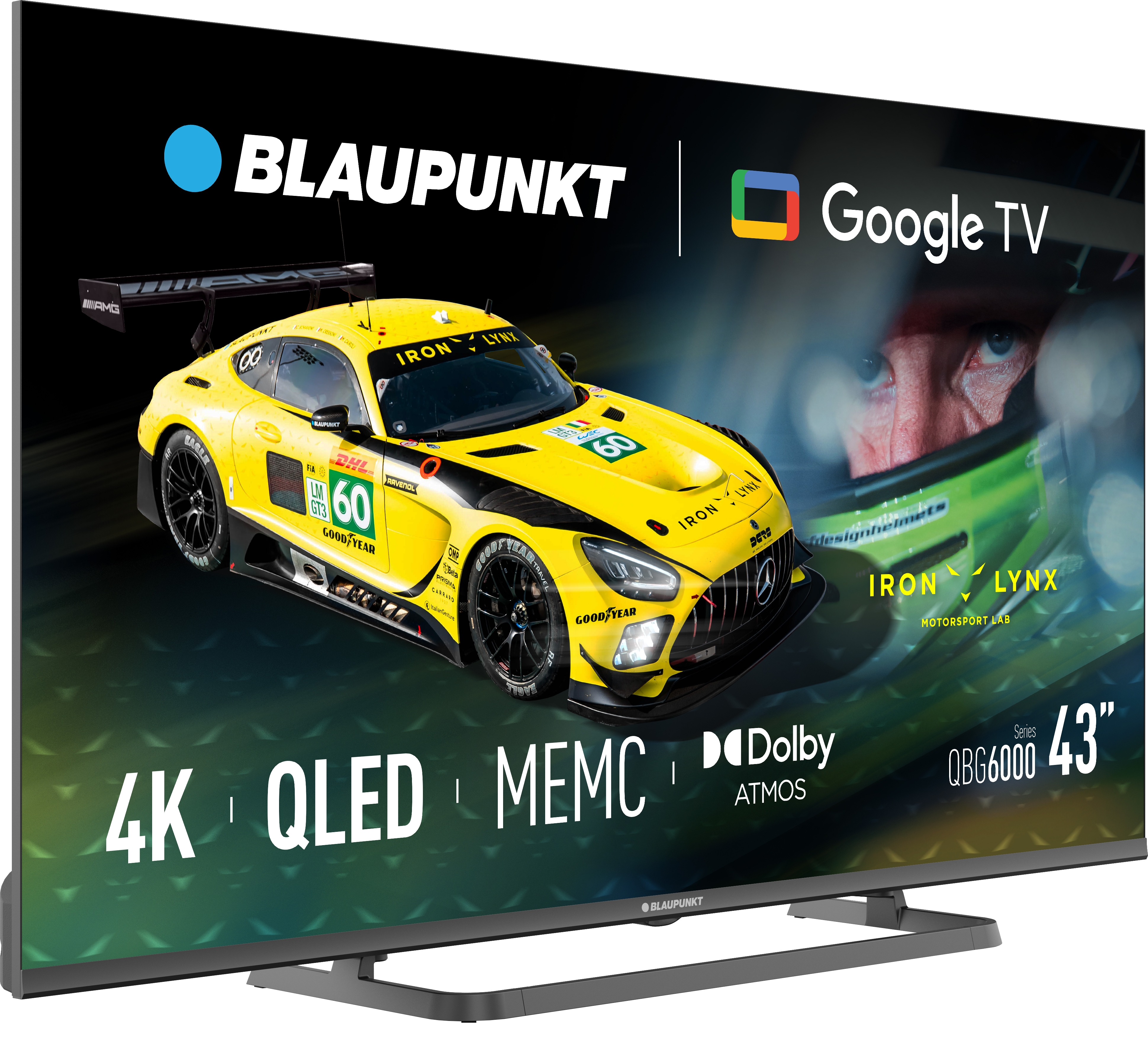 Telewizor Blaupunkt 43" wyświetla żółty samochód wyścigowy z logo sponsorów. Logo Google TV po prawej. Funkcje: 4K, QLED, MEMC, Dolby Atmos.