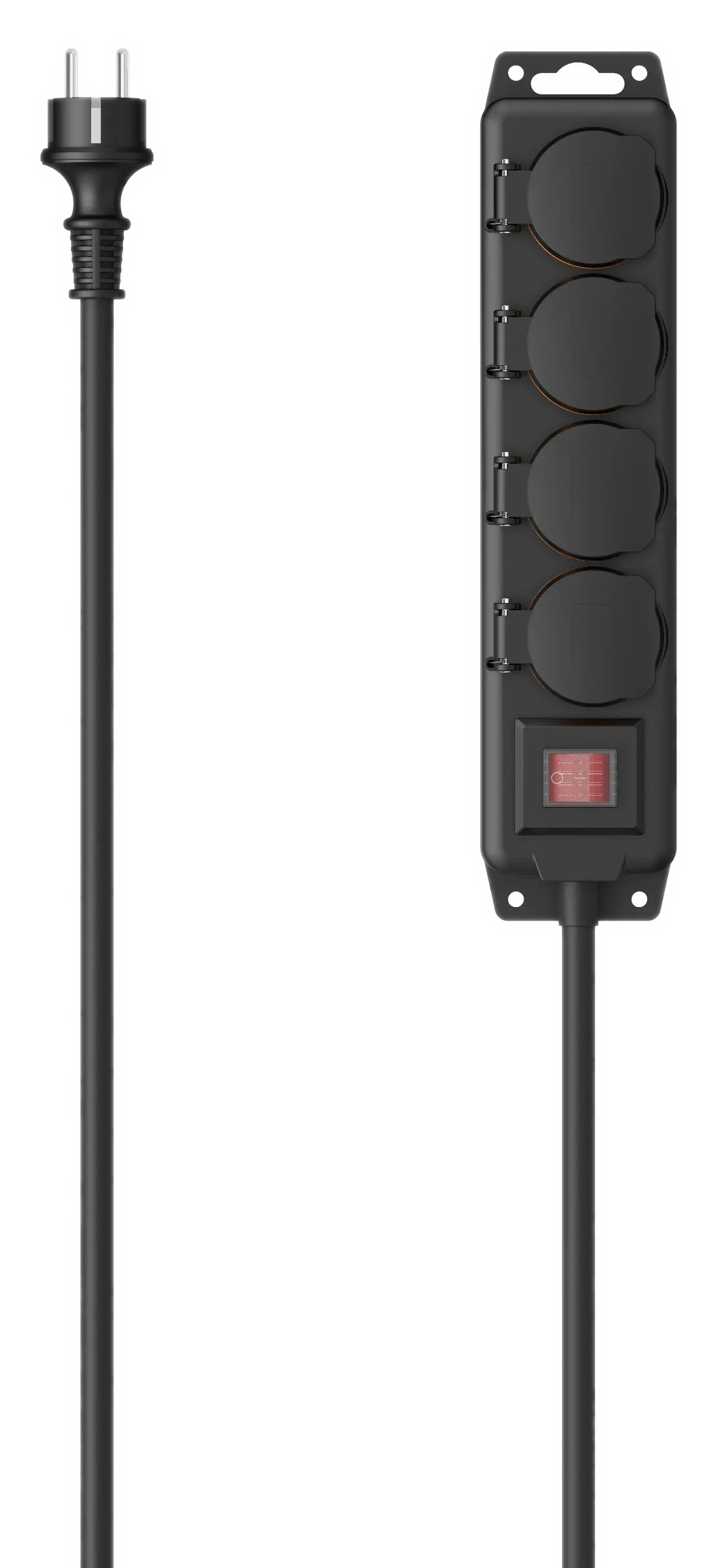 Czarny przedłużacz z czterema gniazdami i włącznikiem/wyłącznikiem. Czarny przewód zasilający z wtyczką.