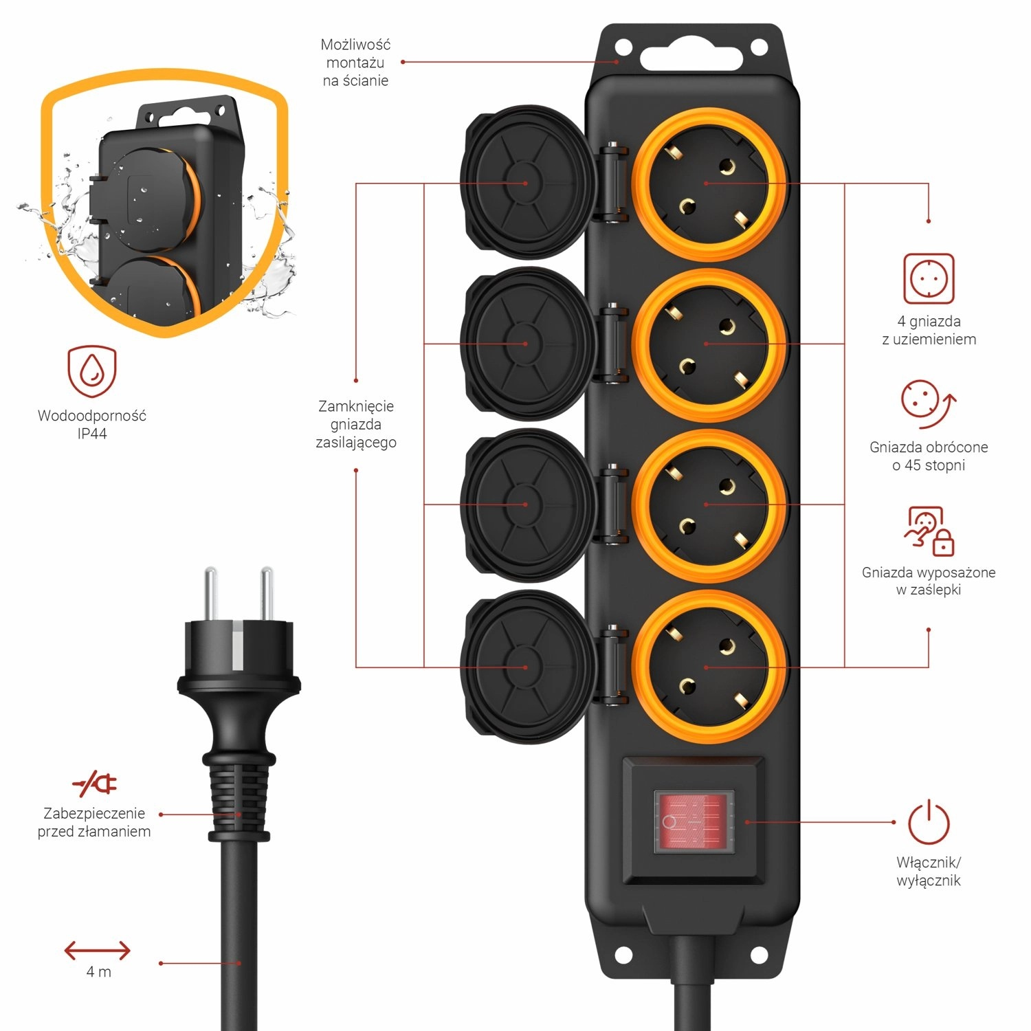 Czarna listwa zasilająca z czterema gniazdami, pomarańczowymi akcentami i włącznikiem. Zawiera wtyczkę i osłony gniazd.